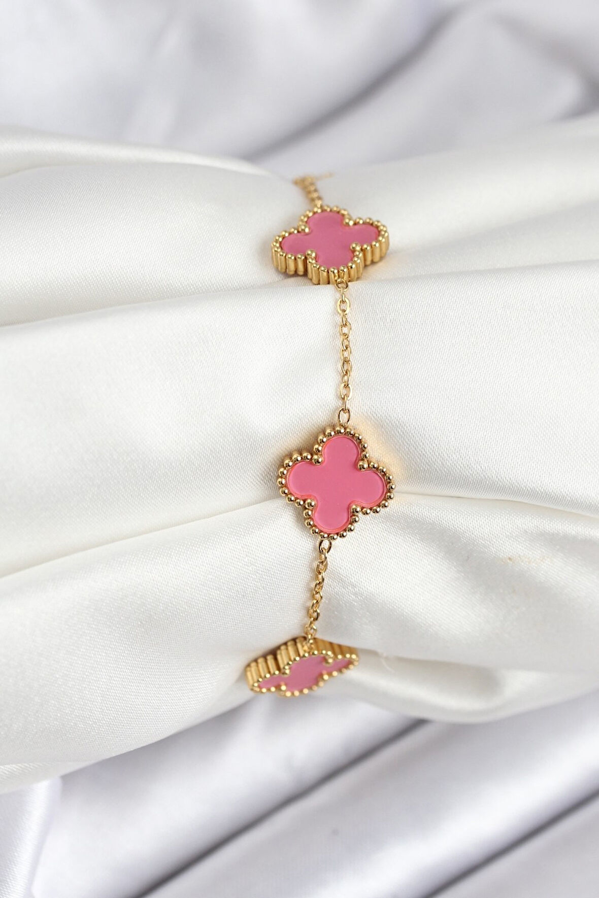 316L Çelik Gold Zincir Pembe Yonca Renk Bileklik