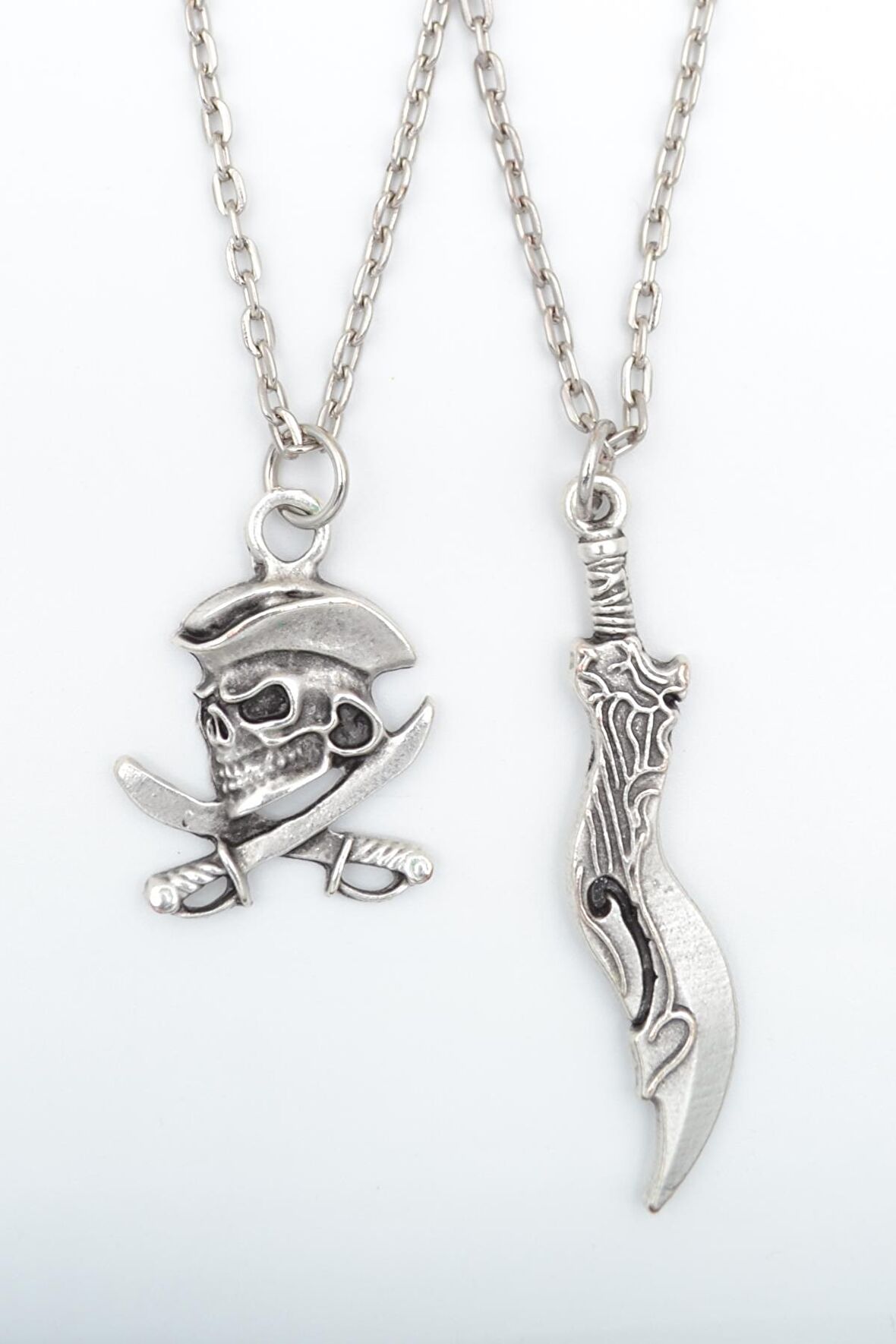 2'li Kuru Kafa Korsan - Korsan Kılıç Erkek Kadın Kolye Seti 925 Ayar Gümüş Kaplama