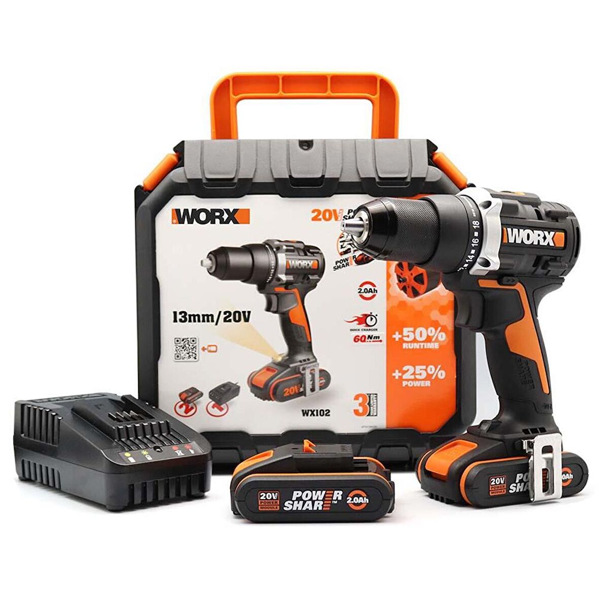 Worx WX102 20 Volt Siyah Çift Akülü Matkap Seti