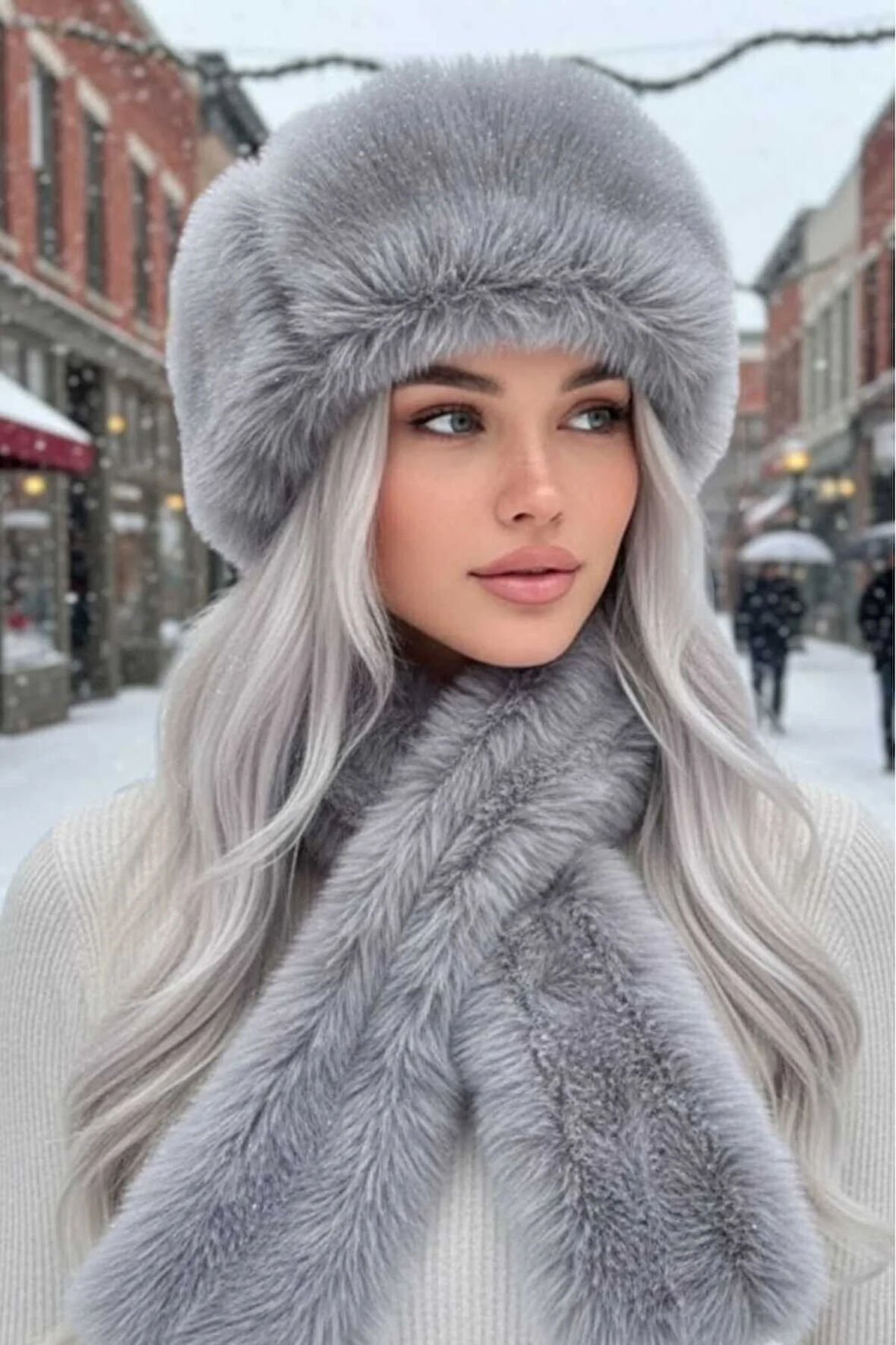 Tezzgelsin Kadın Kışlık Vegan Kürk Peluş Kalpak Şapka ve Atkı Seti