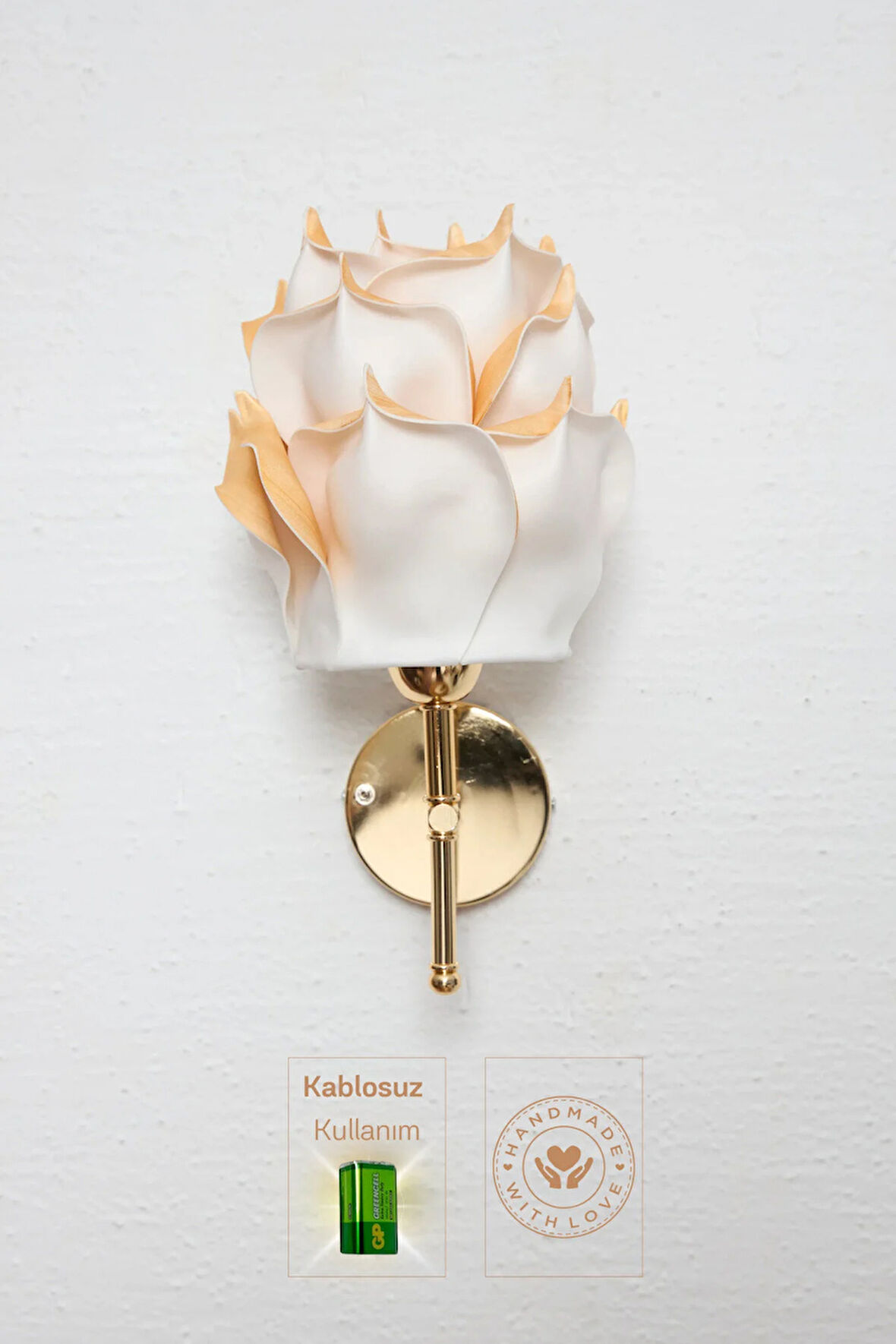 Gold Detaylı Eva Gül Tasarım Kablosuz Pilli Duvar Aydınlatması Aplik - Alt Parlak Gold