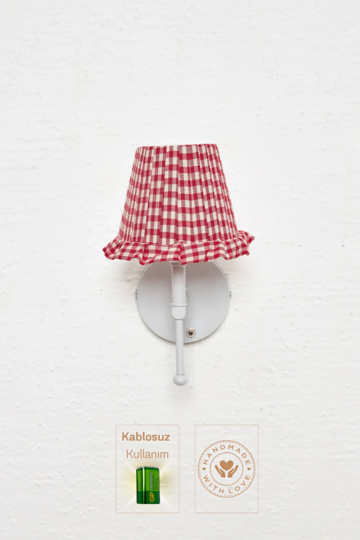 Kırmızı Pötikare Duvar Aydınlatması Metal Beyaz Ayak Kablosuz Pilli Ledli Aplik