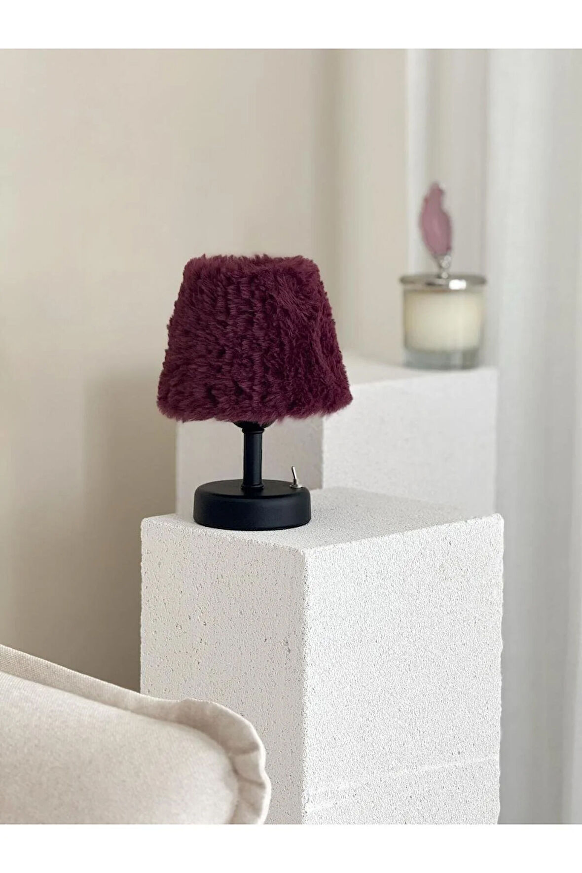 Peluş Mürdüm Kablosuz Masa Lambası - Alt Siyah