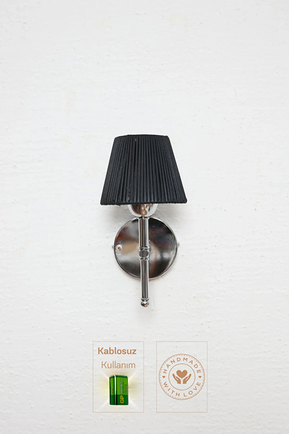 Siyah Deri Alt Gümüş Metal Duvar Aydınlatması Kablosuz Pilli Ledli Aplik