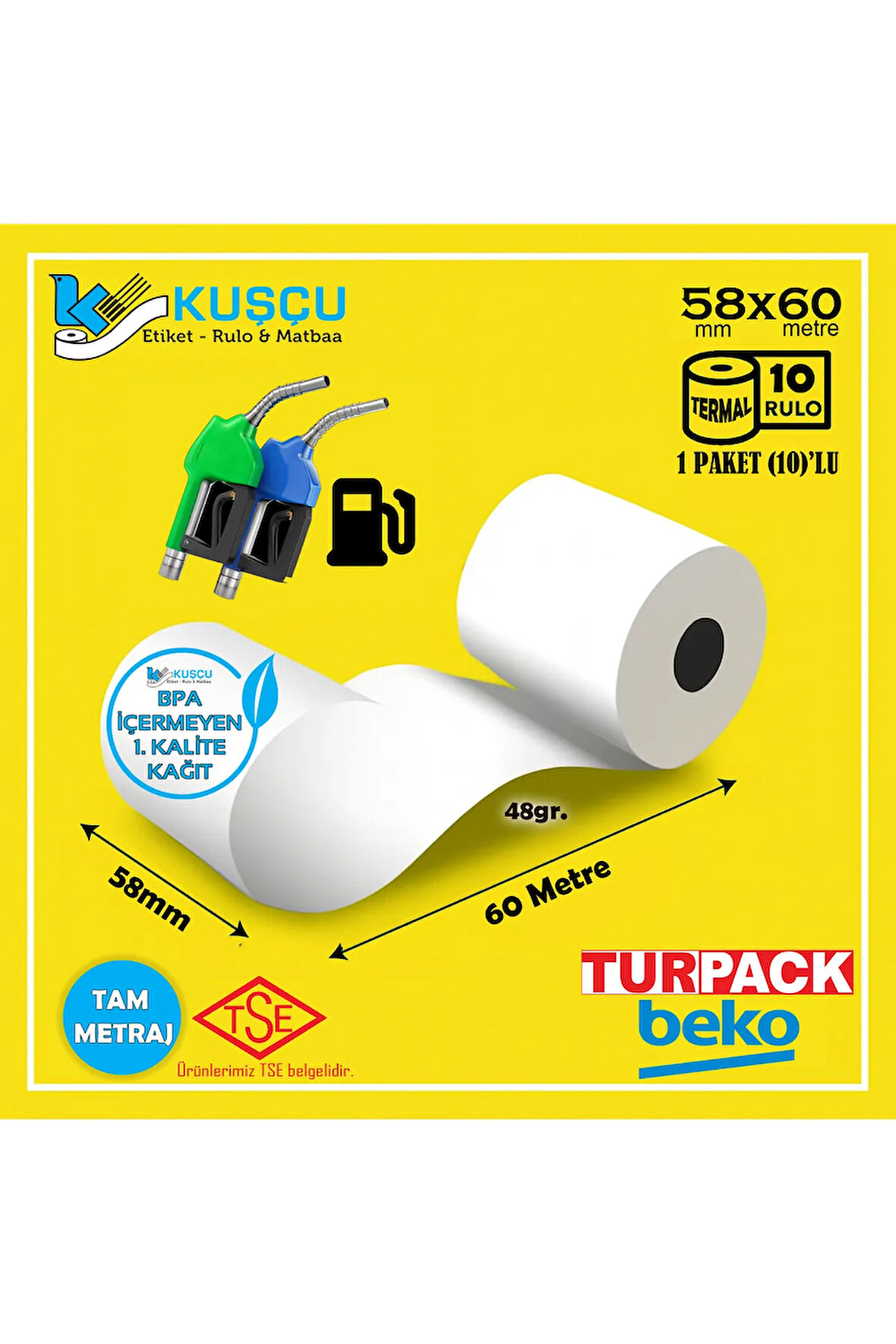 10 Adet 58x60 TSE Belgeli - 1. Kalite - BPA İçermeyen - Akaryakıt/Pompa - Turpack
