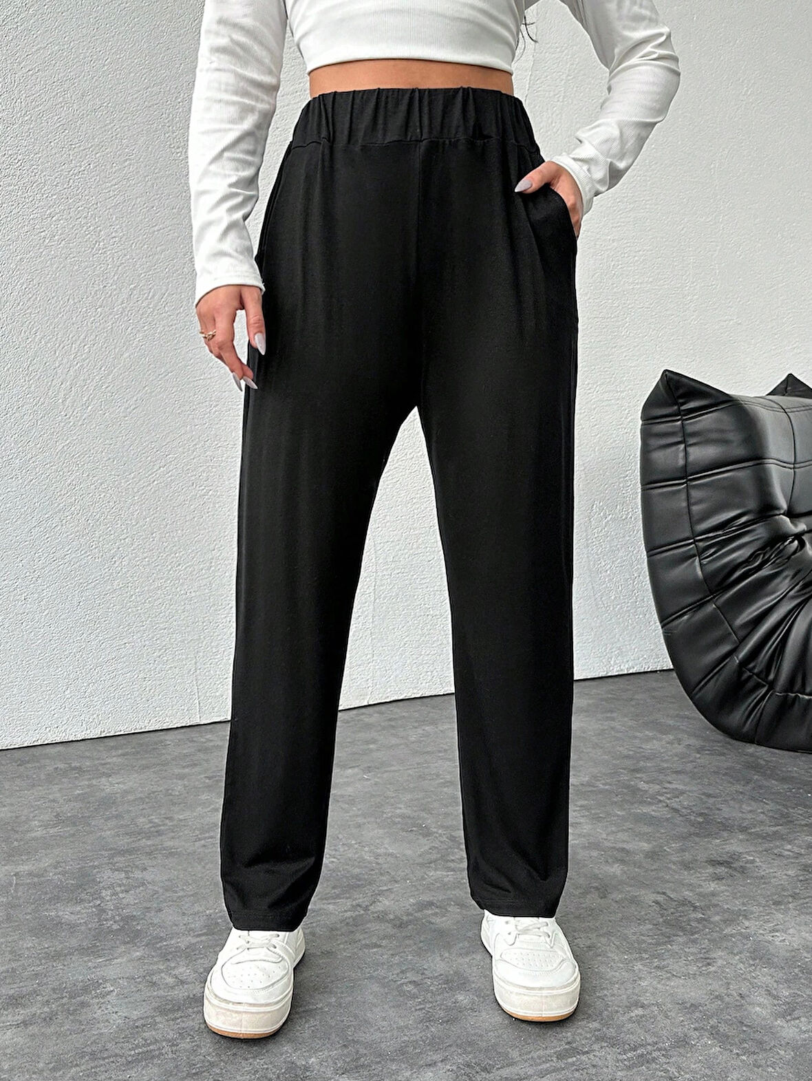 Kadın Büyük Beden Viskon Kumaş Lıkralı Cepli Yüksek Bel Eşofman Altı