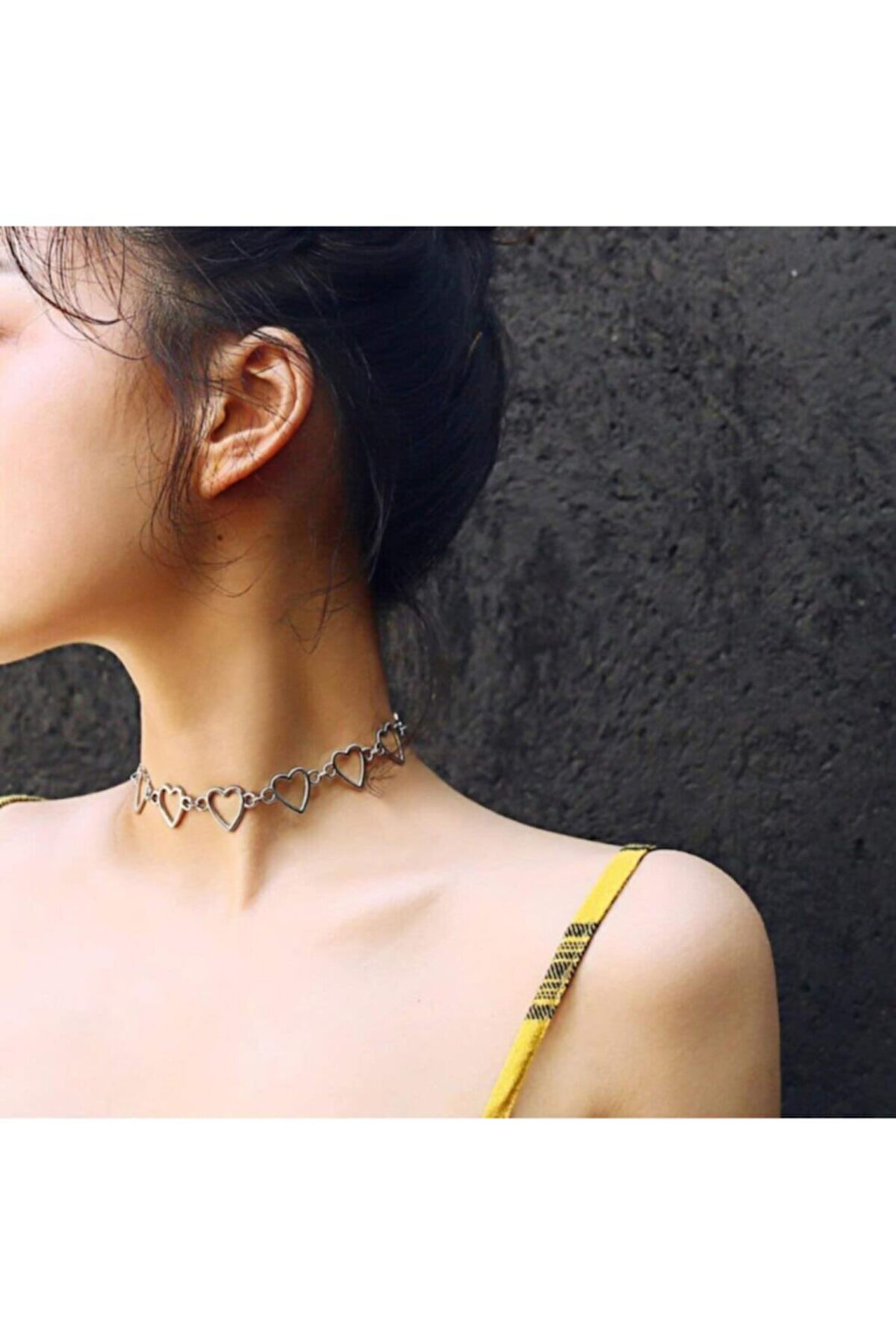 Punk Harajuku Sıralı Kalpli Choker  Kolye 35 Cm