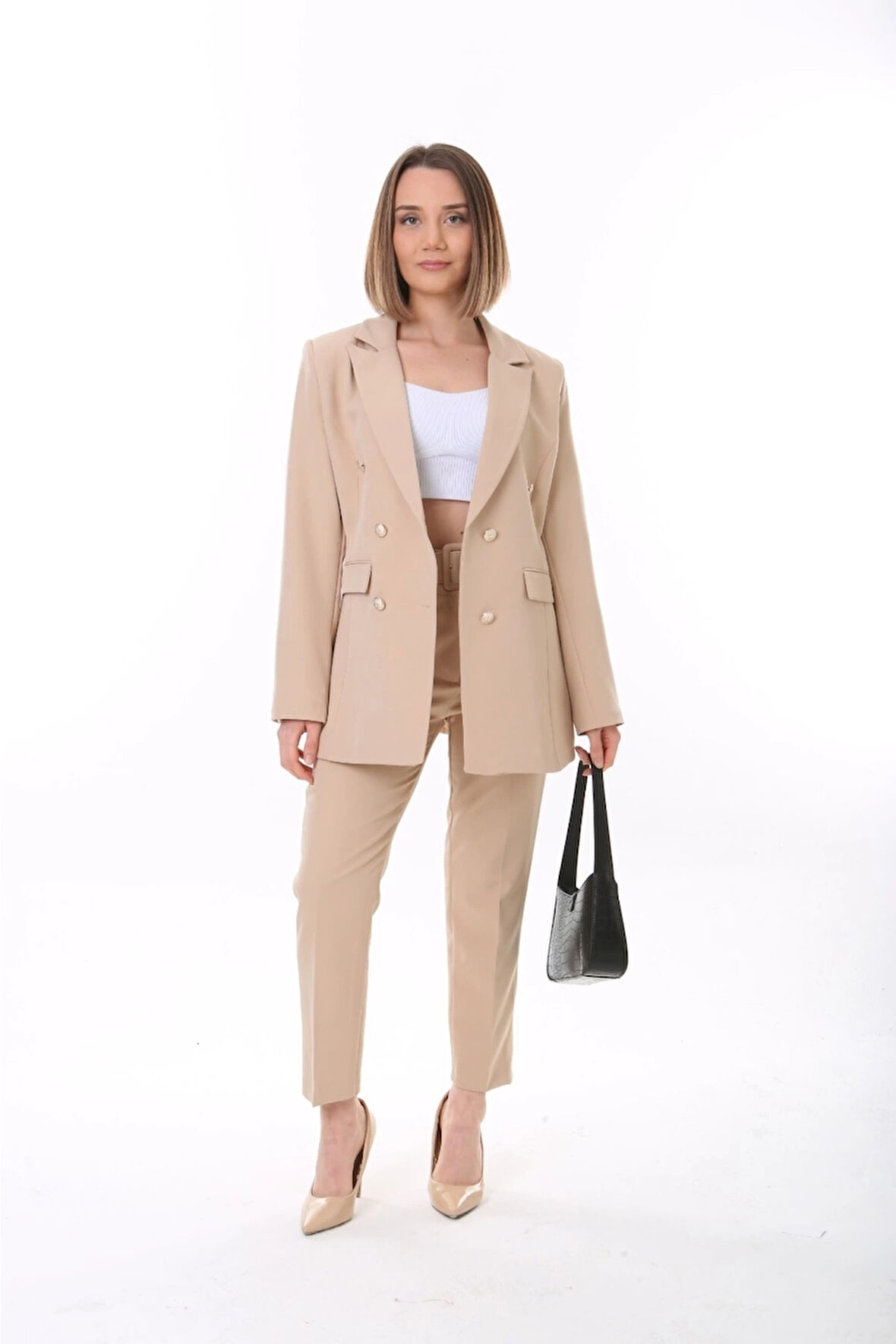 Kadın Düğmeli Blazer Ceket Kemerli Pantolon Dokuma Atlas Kumaş Takım Elbise