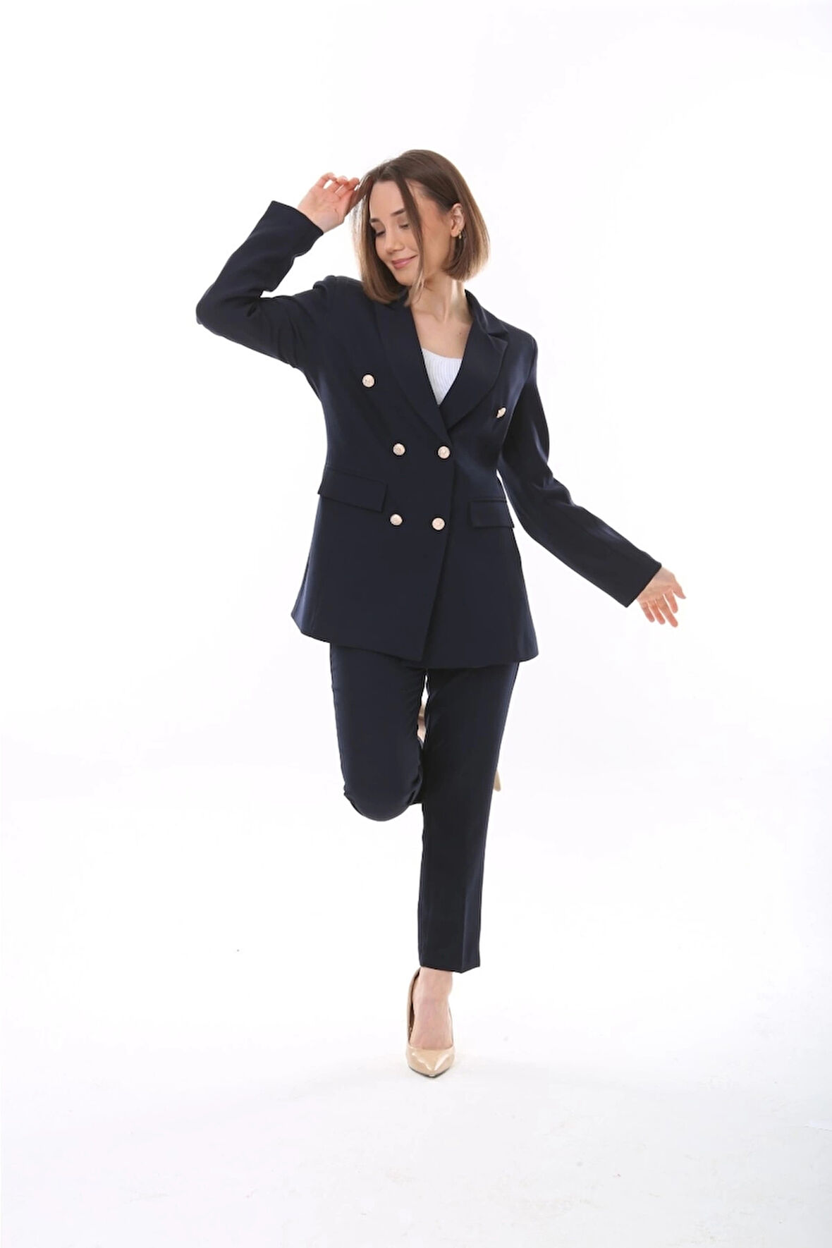 Kadın Düğmeli Blazer Ceket Kemerli Pantolon Dokuma Atlas Kumaş Takım Elbise