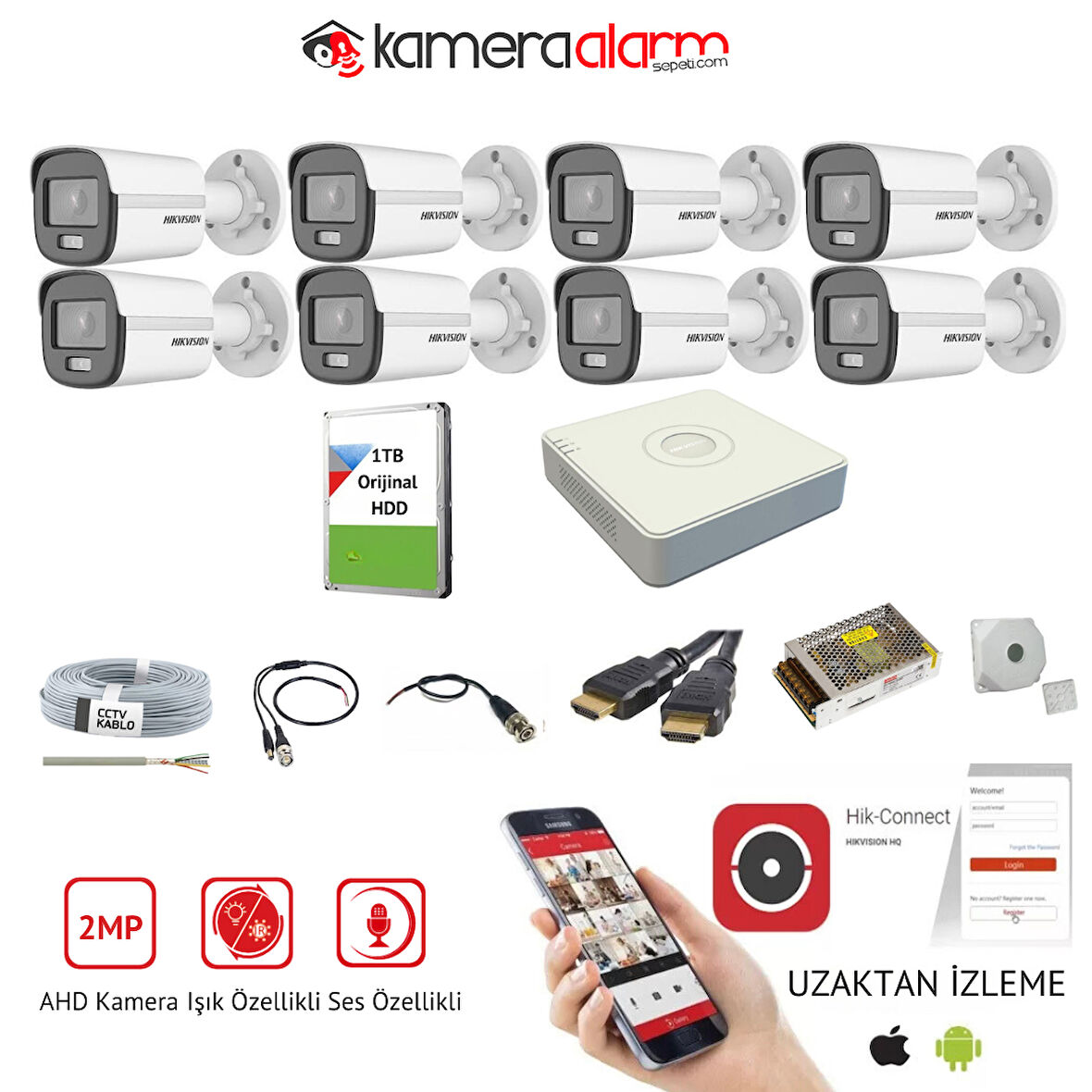 HİKVİSİON 8 KAMERALI MİKROFONLU 7/24 RENKLİ GÖRÜŞLÜ 2MP AHD GÜVENLİK KAMERASI