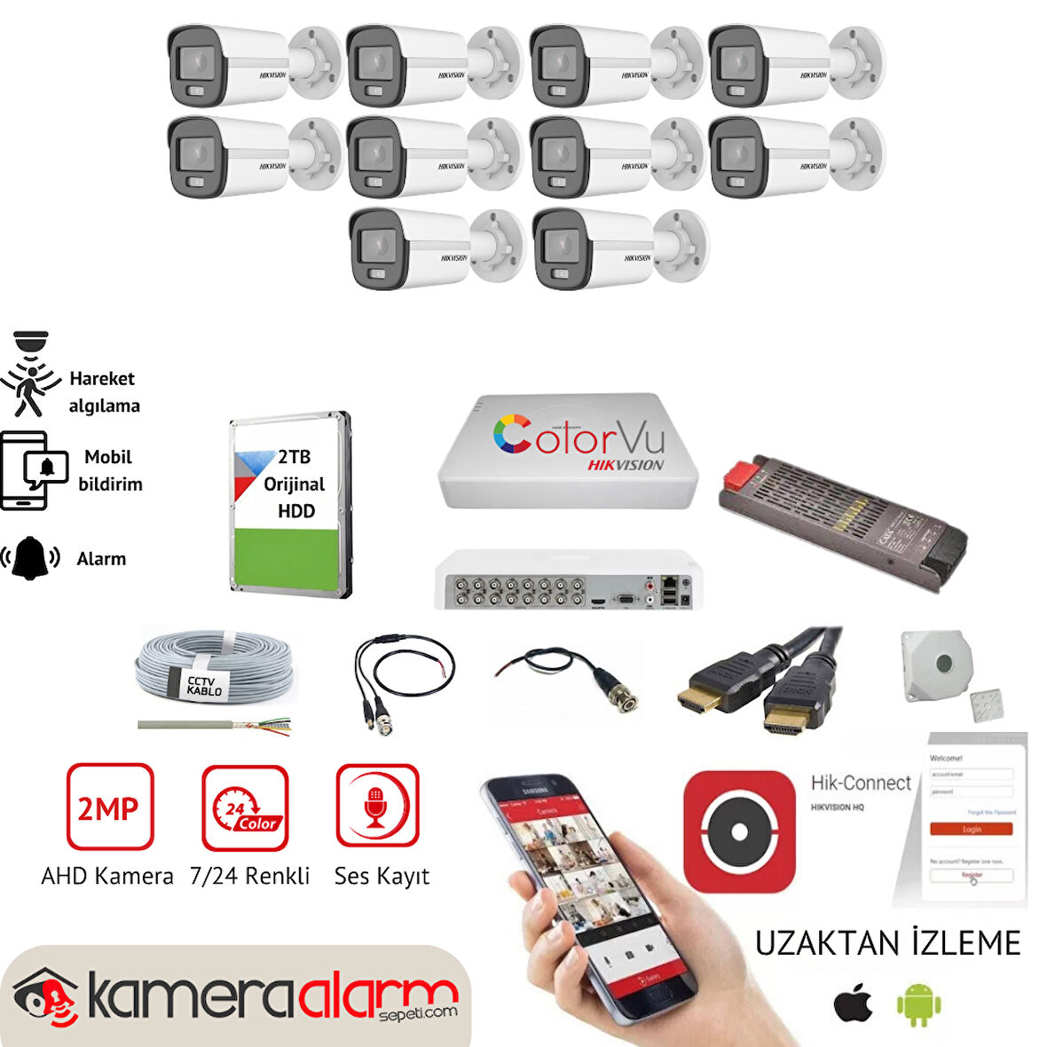 HIKVISION 10 Kameralı, Gece Gündüz Renkli Görüşlü, Ses Kayıtlı AHD Güvenlik Kamerası