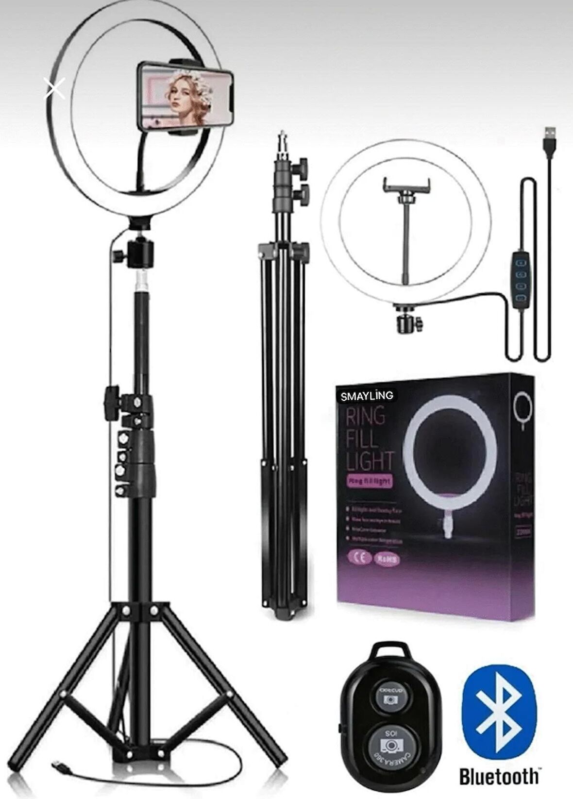 Ring Fill Light LED Işıklı Bluetooth Kumandalı Tripod 10 Inç Halka Makyaj Işığı Ayaklı 10 Inç