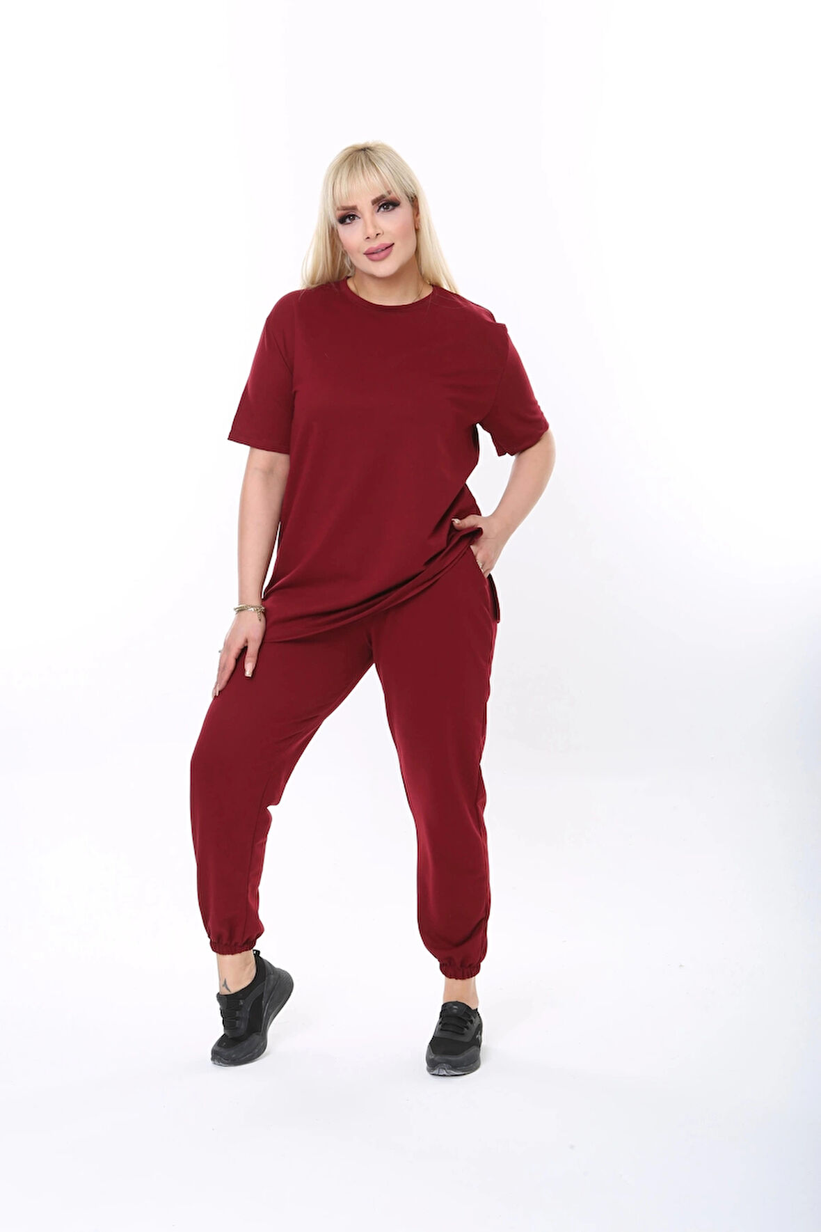 Büyük Beden Düz Renk Kısa Kollu Ikiiplik Kumaş Ikili Takım