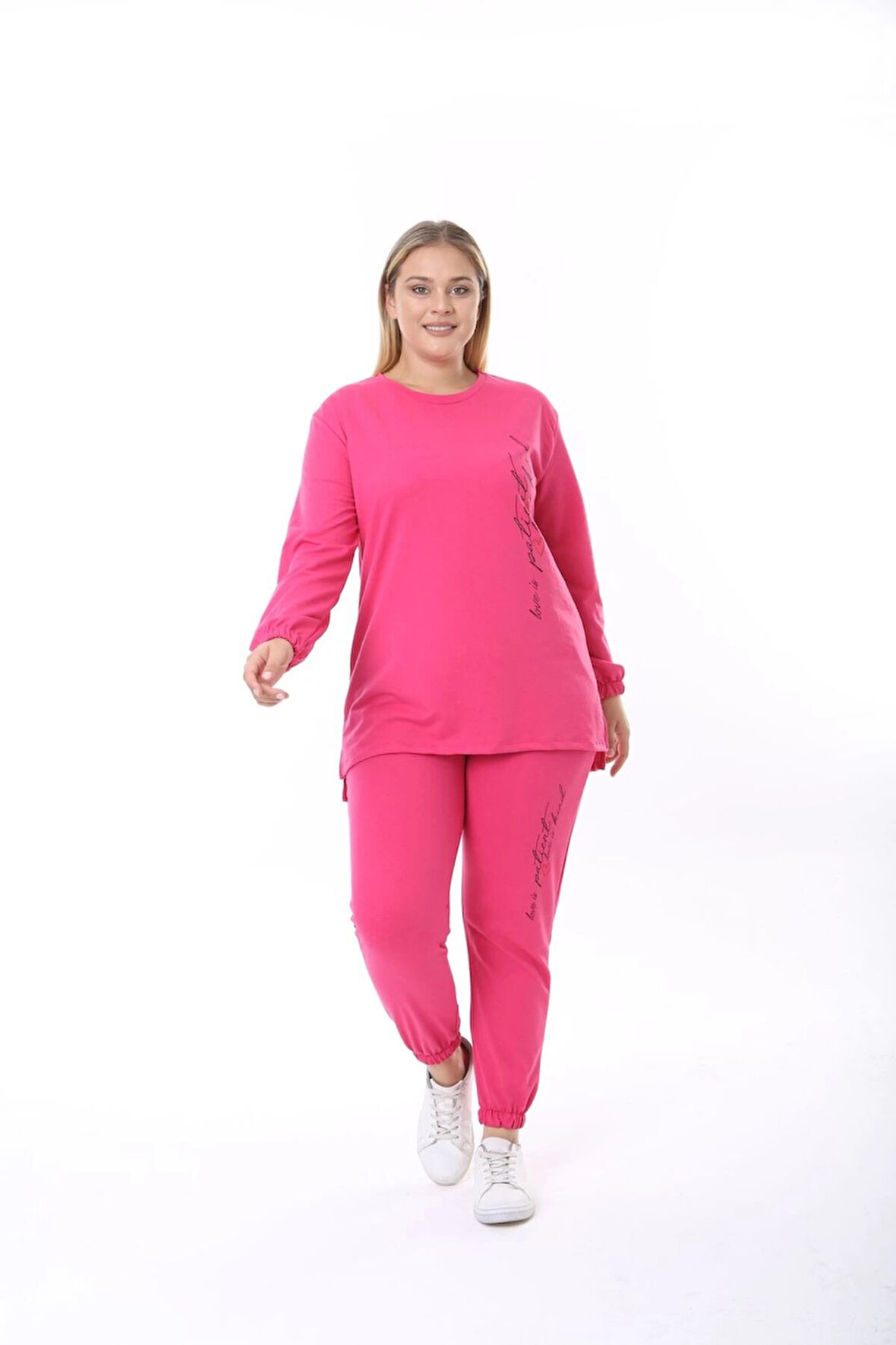 Kadın Büyük Beden Yazılı Uzun Kol Kol Paça Lastikli İkiiplik Takım