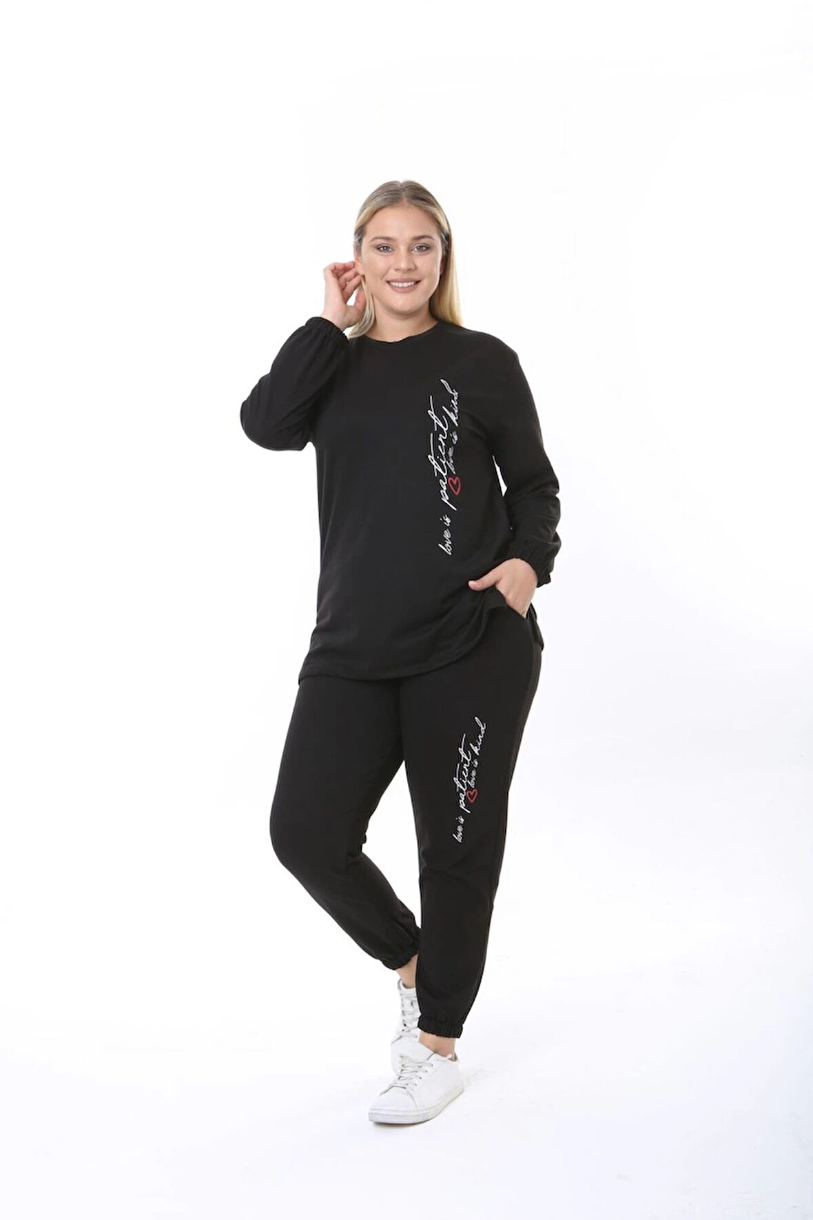Kadın Büyük Beden Yazılı Uzun Kol Kol Paça Lastikli İkiiplik Takım