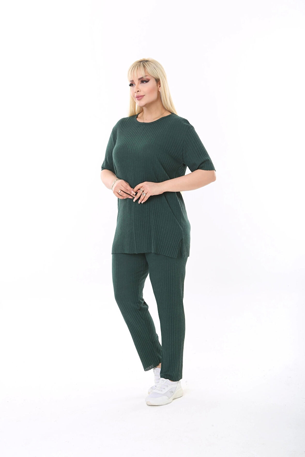 Kadın Kısa Kollu Beli Lastikli Yırtmaçlı Rahat Kalıp Ikili Kaşkorse Takım