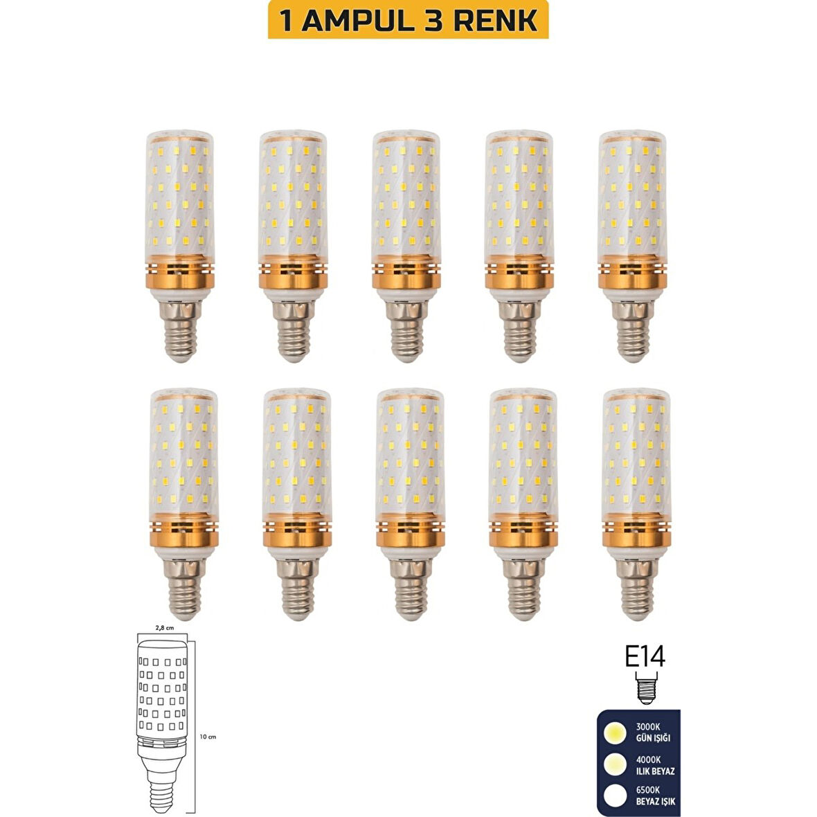 Mısır Şeffaf 10W Üç Renkli E14 LED 10'lu Ampul ERD-306