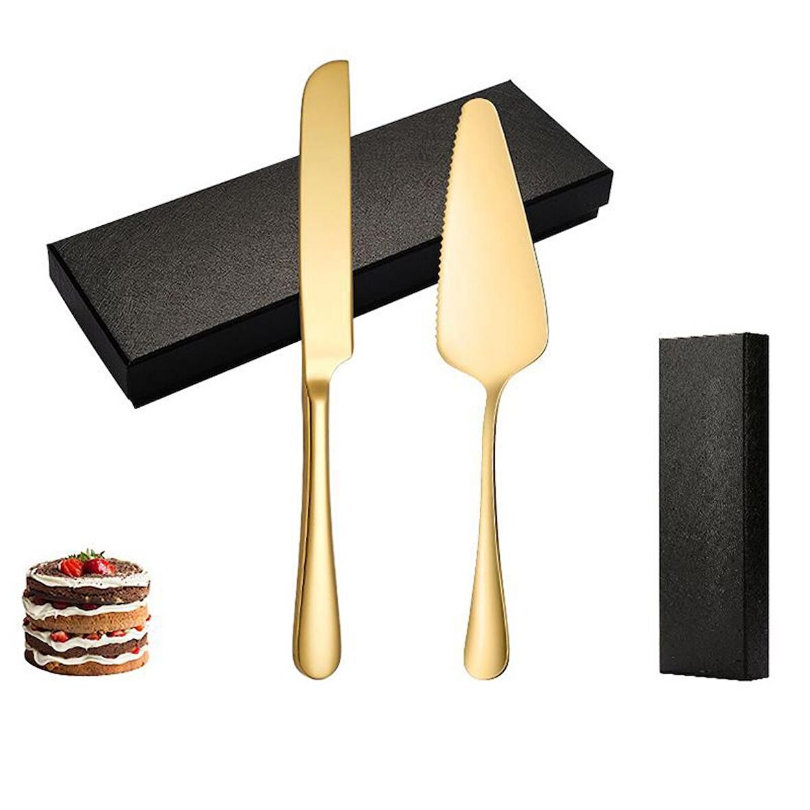 Çelik Gold Pasta Spatula Bıçak Seti Kek Sunum cin512sr