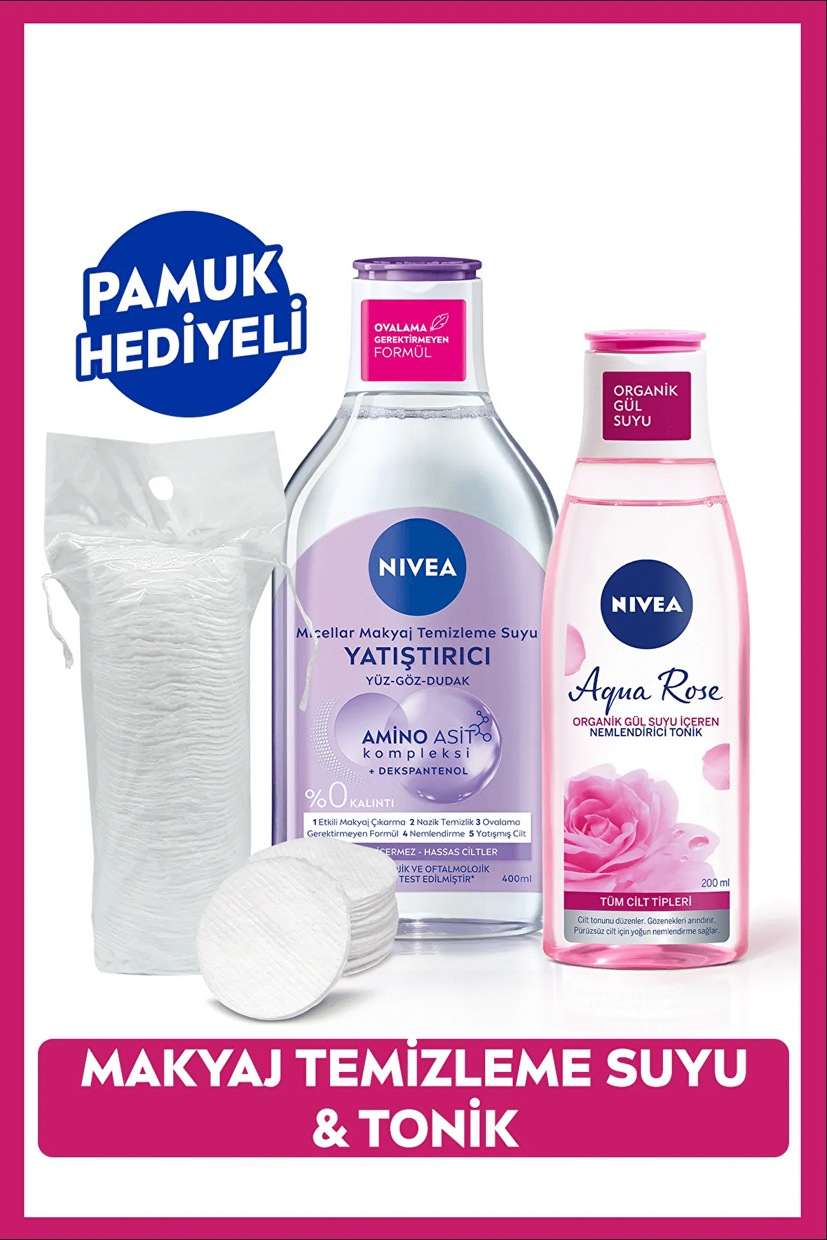 Yatıştırıcı Micellar Makyaj Temizleme Suyu 400ml ve Aqua Rose Organik Gül Suyu Nemlendirici Tonik