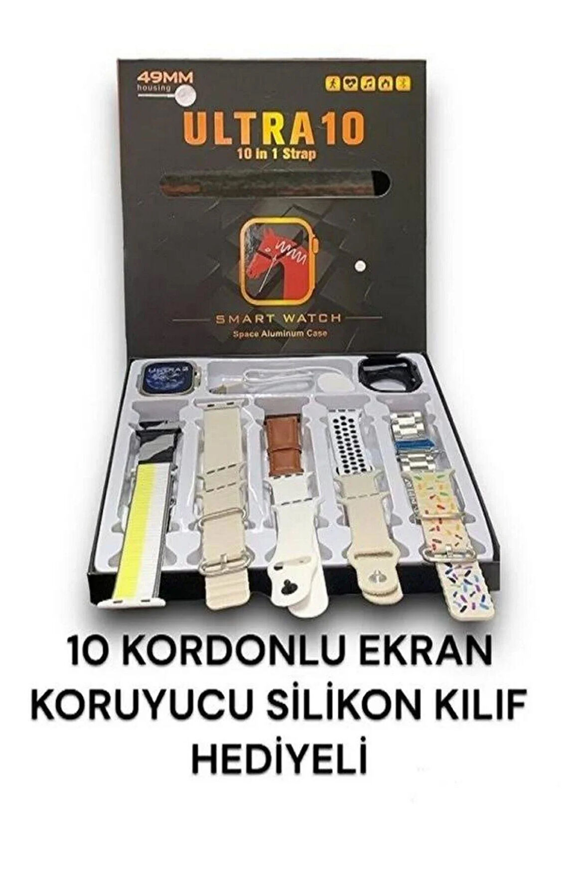 Ultra 10 Watch 49mm 10 in 1 Edition 10 Kordon + Silikon Koruyucu Kablosuz Şarj Özellikli Akıllı Saat