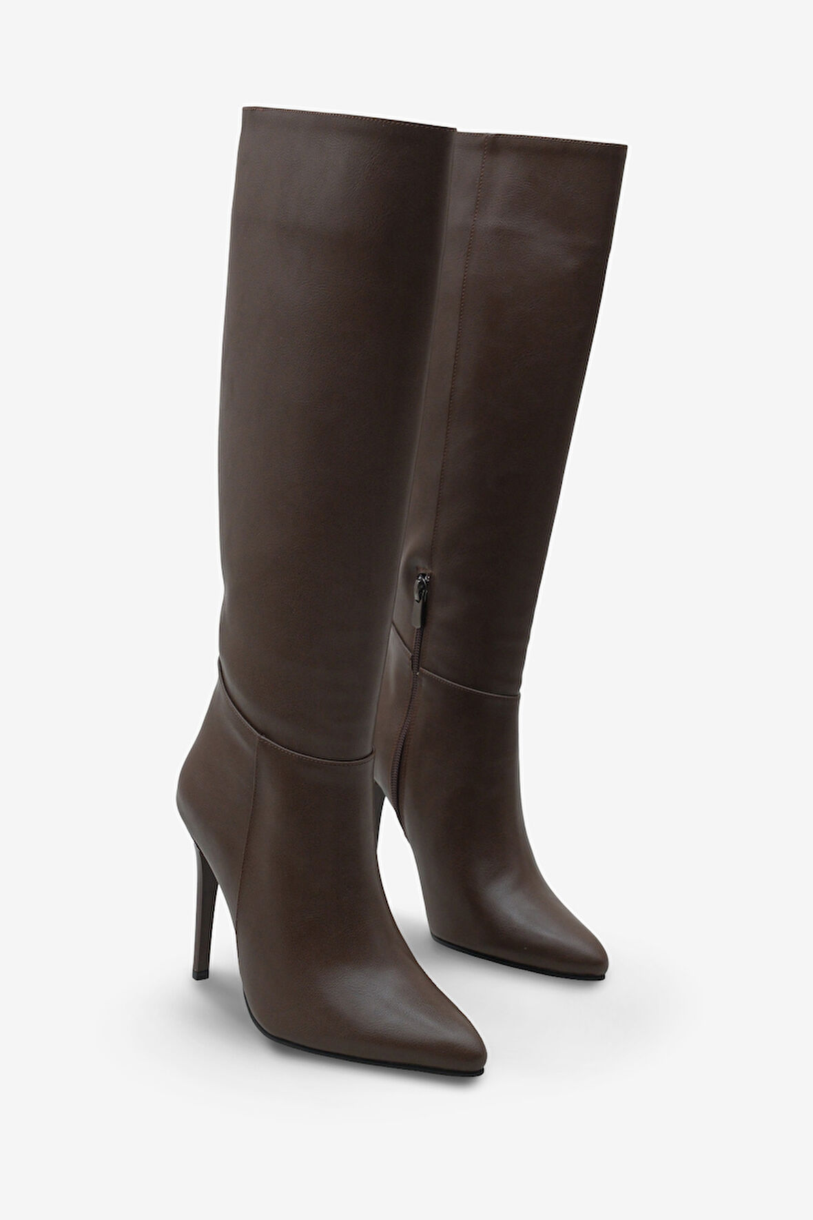 Kadın Sivri Burunlu Topuklu Yandan Fermuarlı Günlük Çizme Masi Kahve