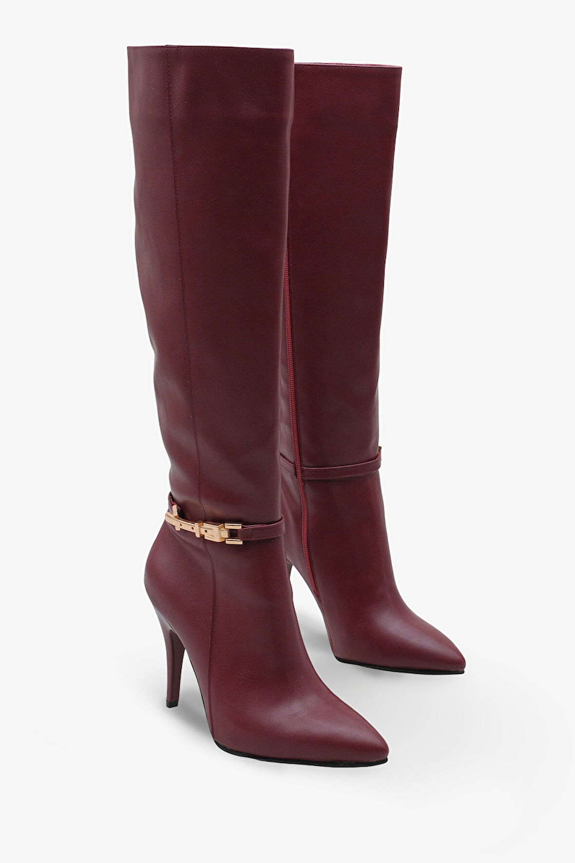Kadın Gold Tokalı Yandan Fermuarlı Topuklu Çizme Tetvey Bordo