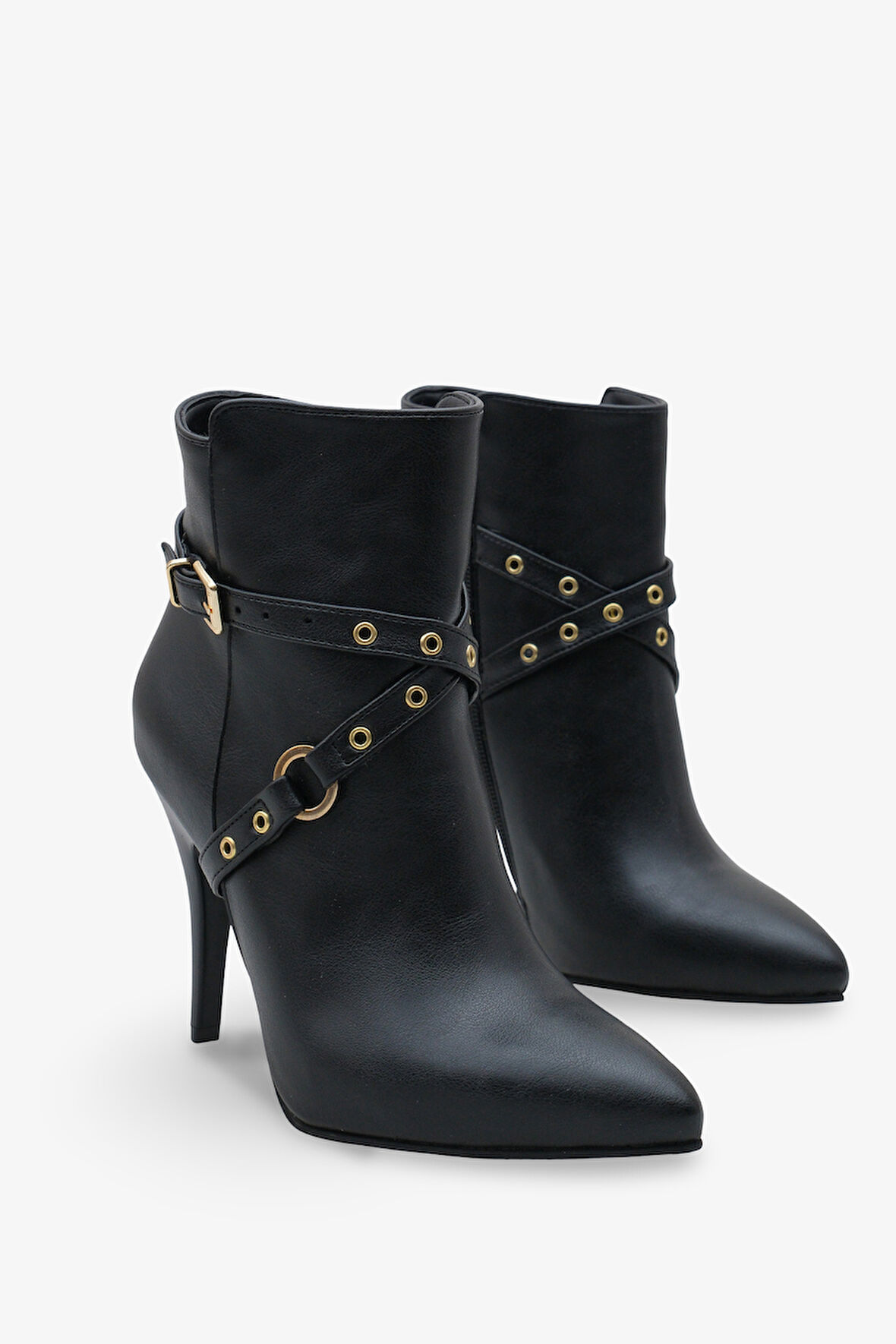 Kadın Kemerli Yandan Fermuarlı Sivri Burun Günlük Topuklu bot Tery Siyah