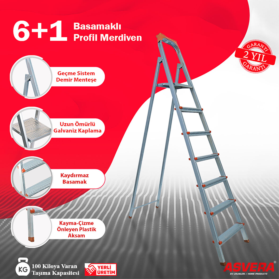 Yakut Serisi 6+1 Basamaklı Galvanizli Profil Merdiven - Ev - Bahçe - İş Yeri İçin Dayanıklı