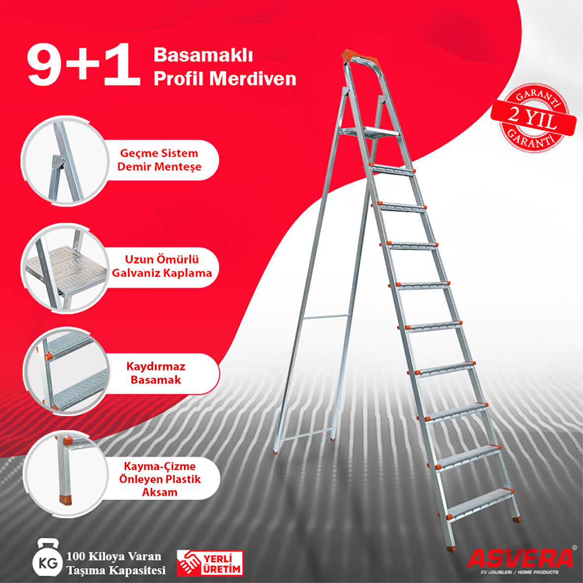 ASVERA - 9+1 Basamaklı Galvanizli Profil Merdiven - Ev - Bahçe - İş Yeri İçin Dayanıklı