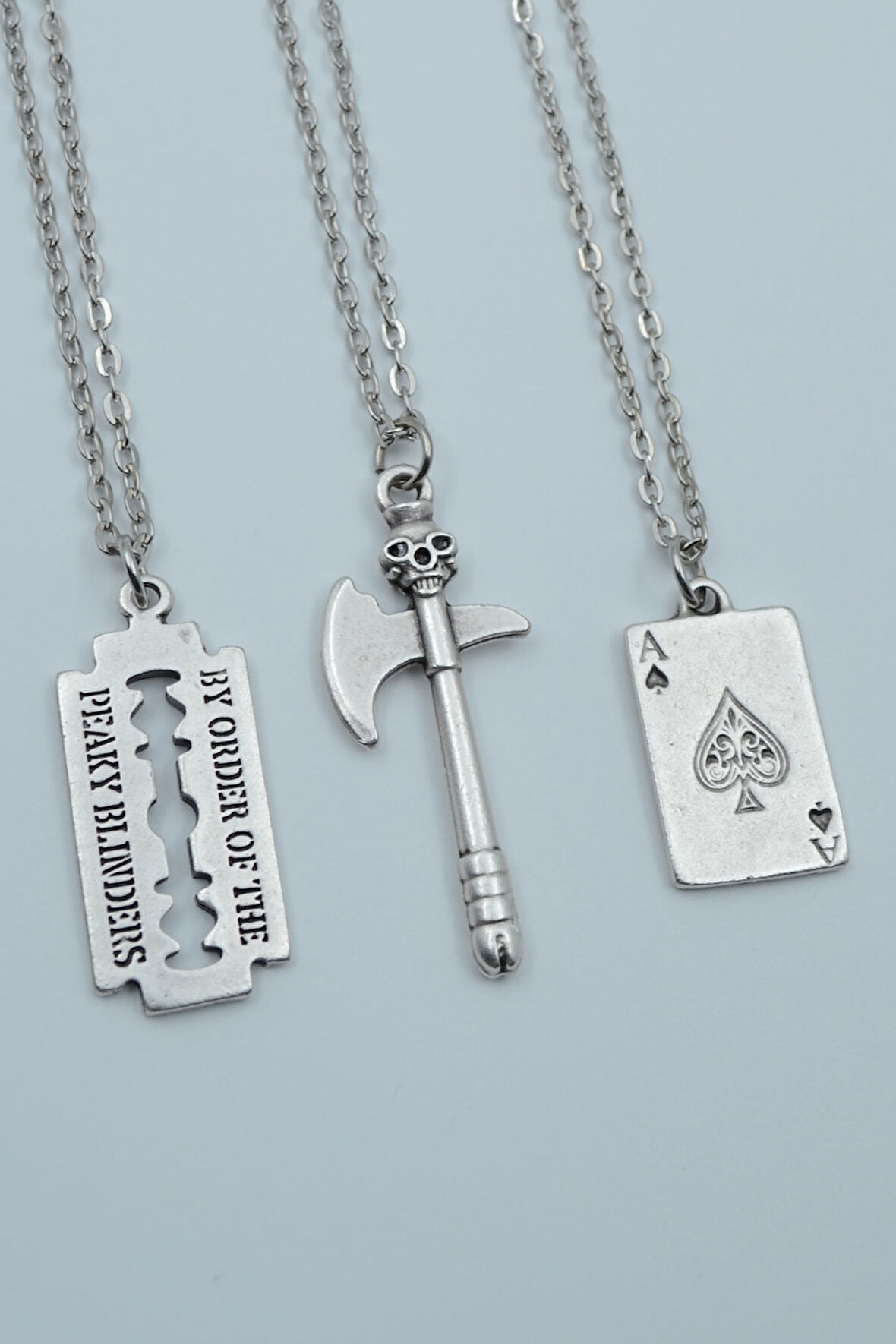 3'lü Kuru Kafa Balta Peaky Blinders Jilet As Kağıt Gümüş Kaplama Kolye Seti