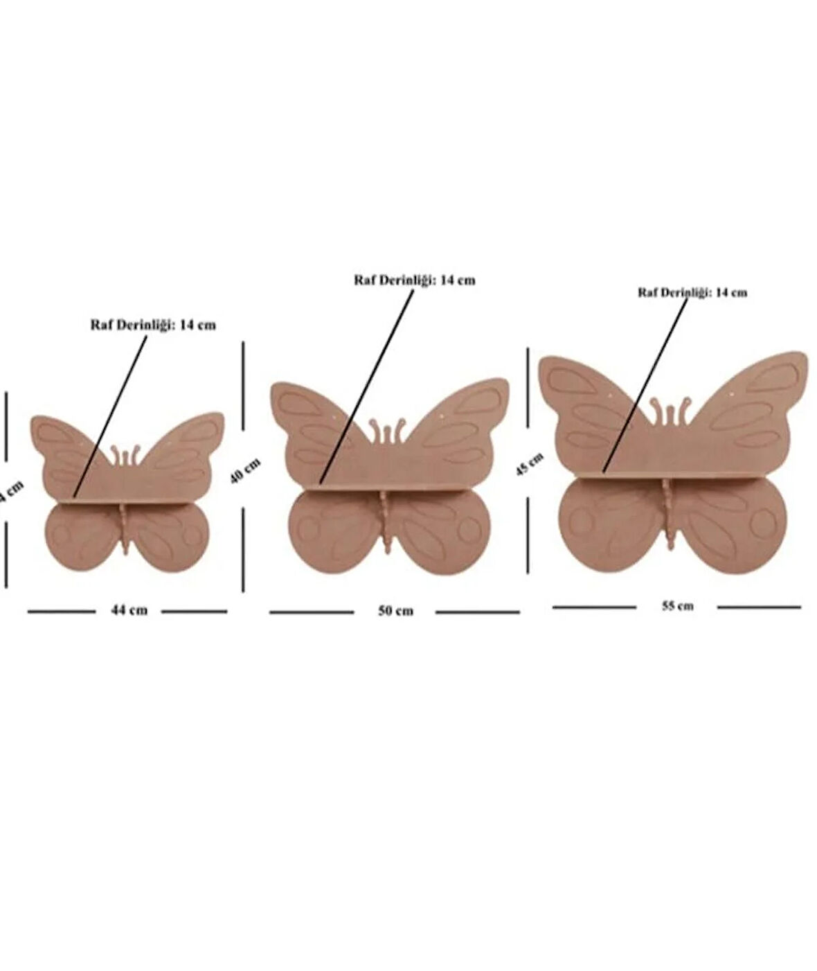 Ahşap Boyanabilir MDF 3 lü Set Dekoratif Kelebek Duvar Rafı - Terek