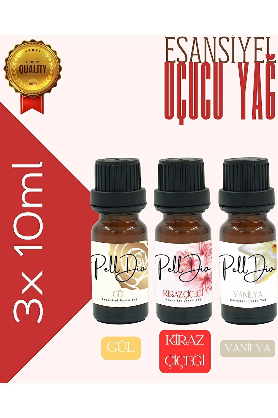 3'lü Gül-Kiraz-Vanilya Esansiyel Uçucu Yağ, Buhurdanlık Yağı, Difüzör Esansı, Oda Kokusu 10ml-2