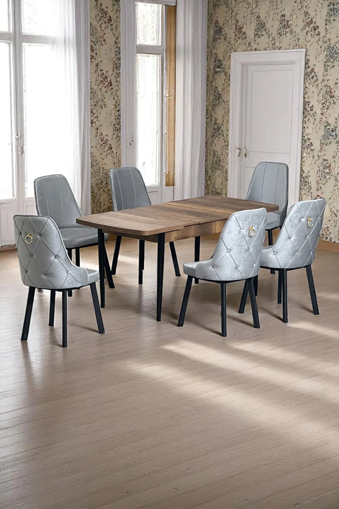 Sonata Ceviz 80 x 132 Açılabilen Sunta Masa Siyah Metal Ayaklı Mutfak Masası Takımı 6 Gri Sandalye