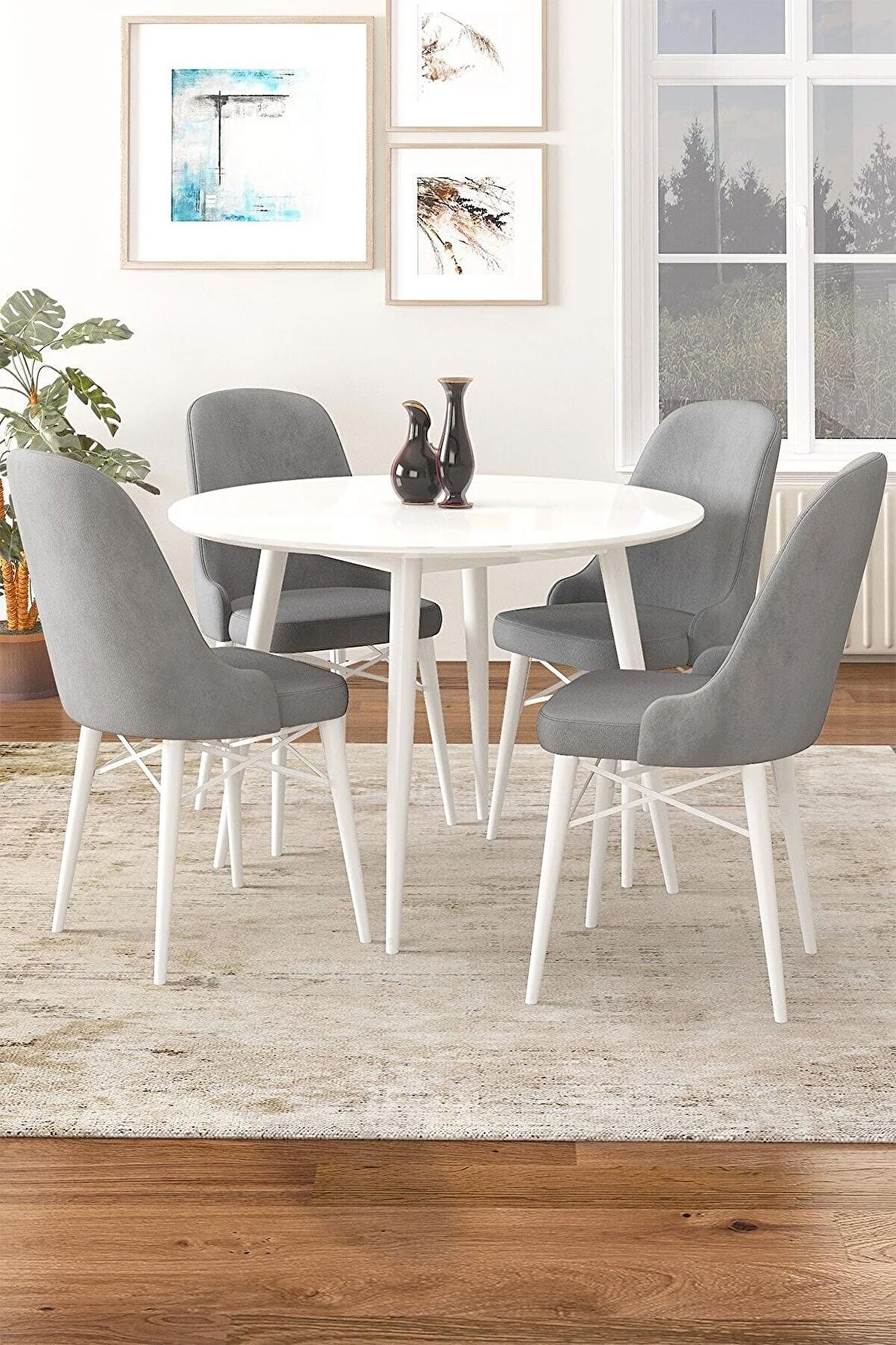 Rovena Vilza Beyaz Yuvarlak Yemek Odası Takımı 4 Sandalye