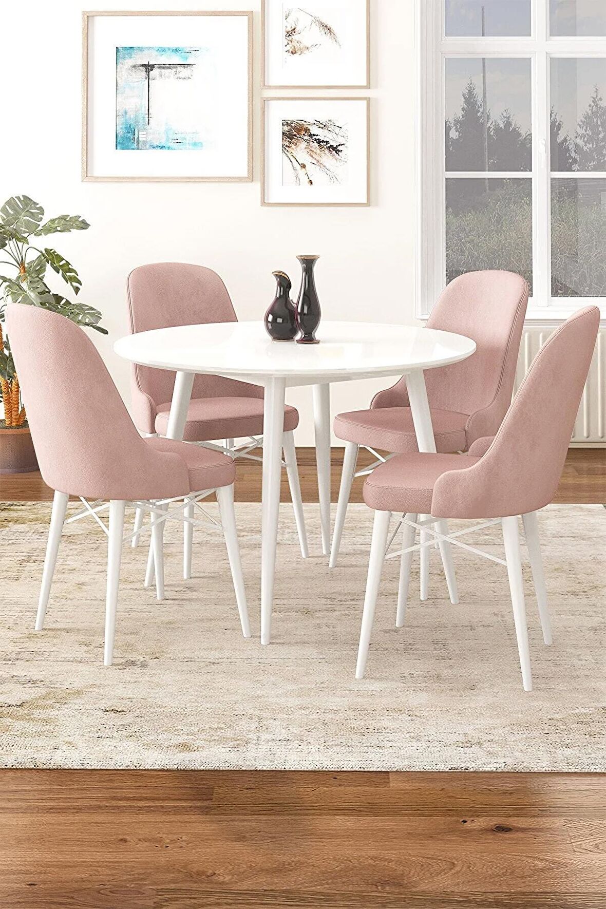 Rovena Vilza Beyaz Yuvarlak Yemek Odası Takımı 4 Sandalye