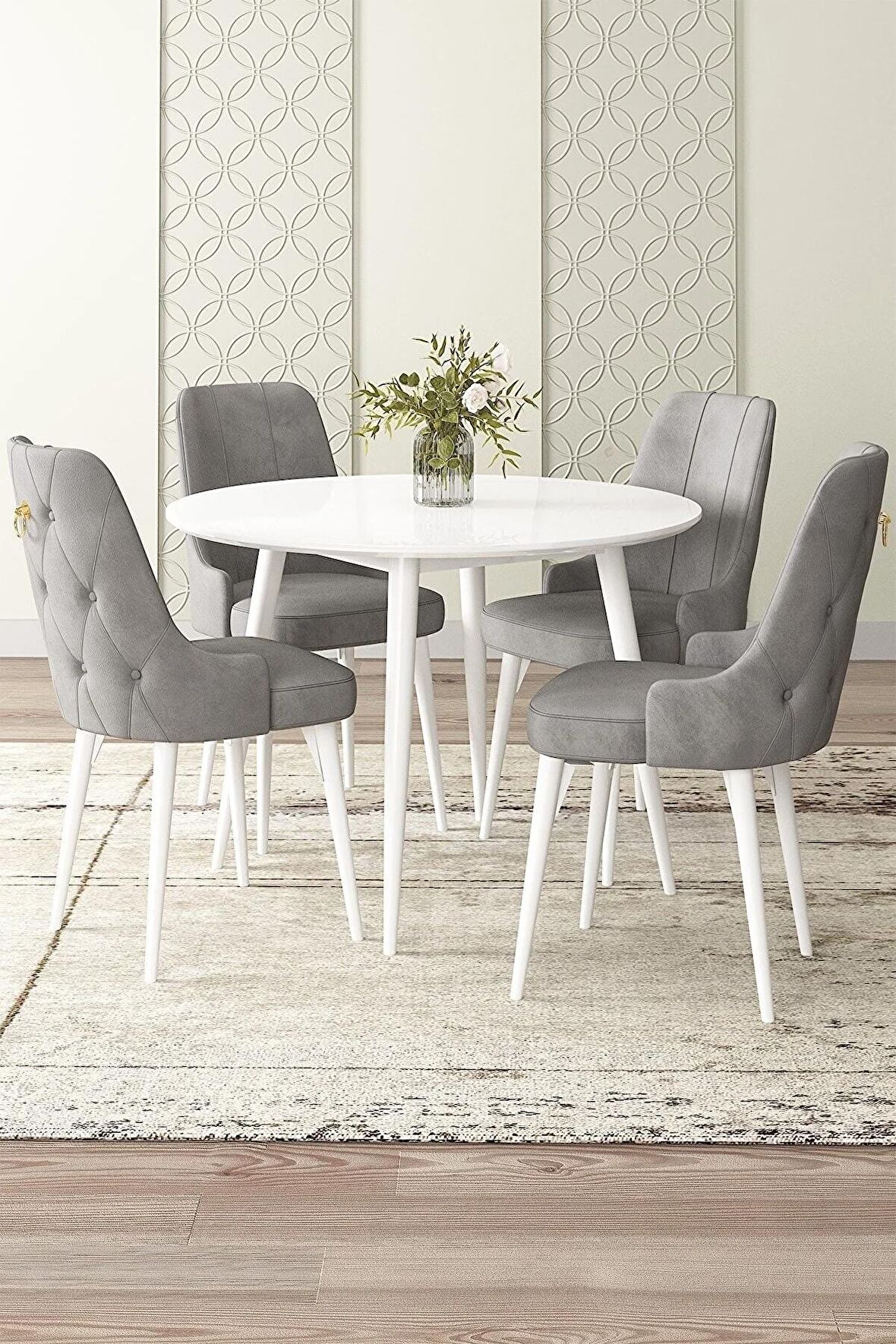 Rovena Zümra Beyaz Yuvarlak Yemek Odası Takımı 4 Sandalye