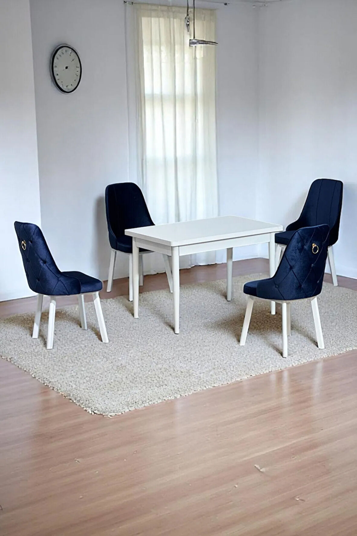 Still Beyaz Sunta 70x110 Sabit Mutfak Masası Takımı Beyaz Metal Ayak 4 Lacivert Sandalye