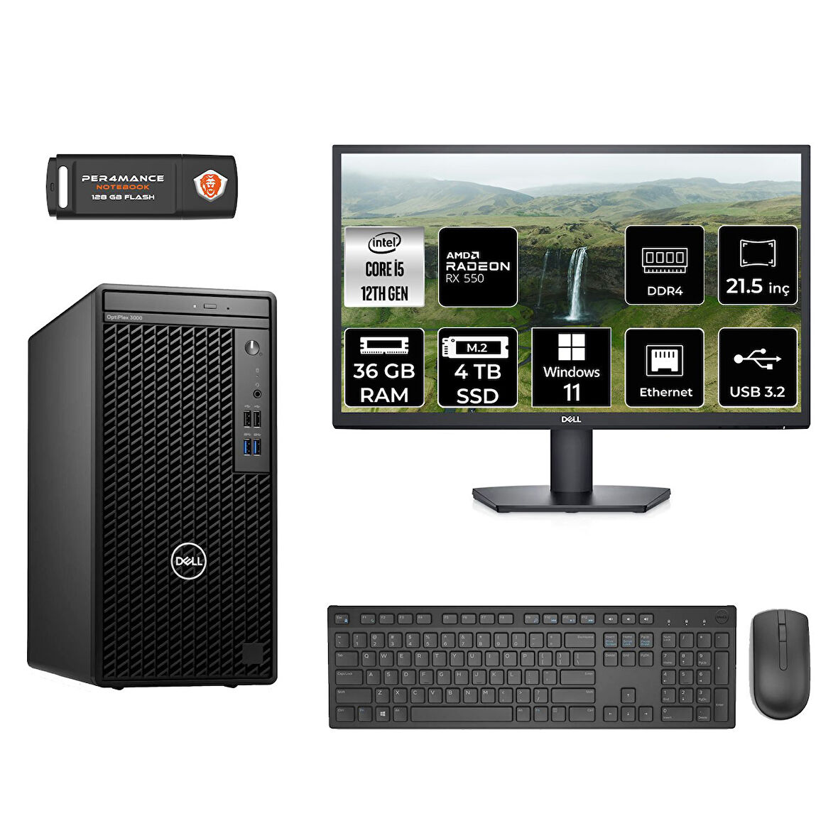 DELL OPTILEX 3000 MNO3000D285 i5 12500 36GB RAM 4TB SSD RX550 4GB 21.5" W11P MASAÜSTÜ PC