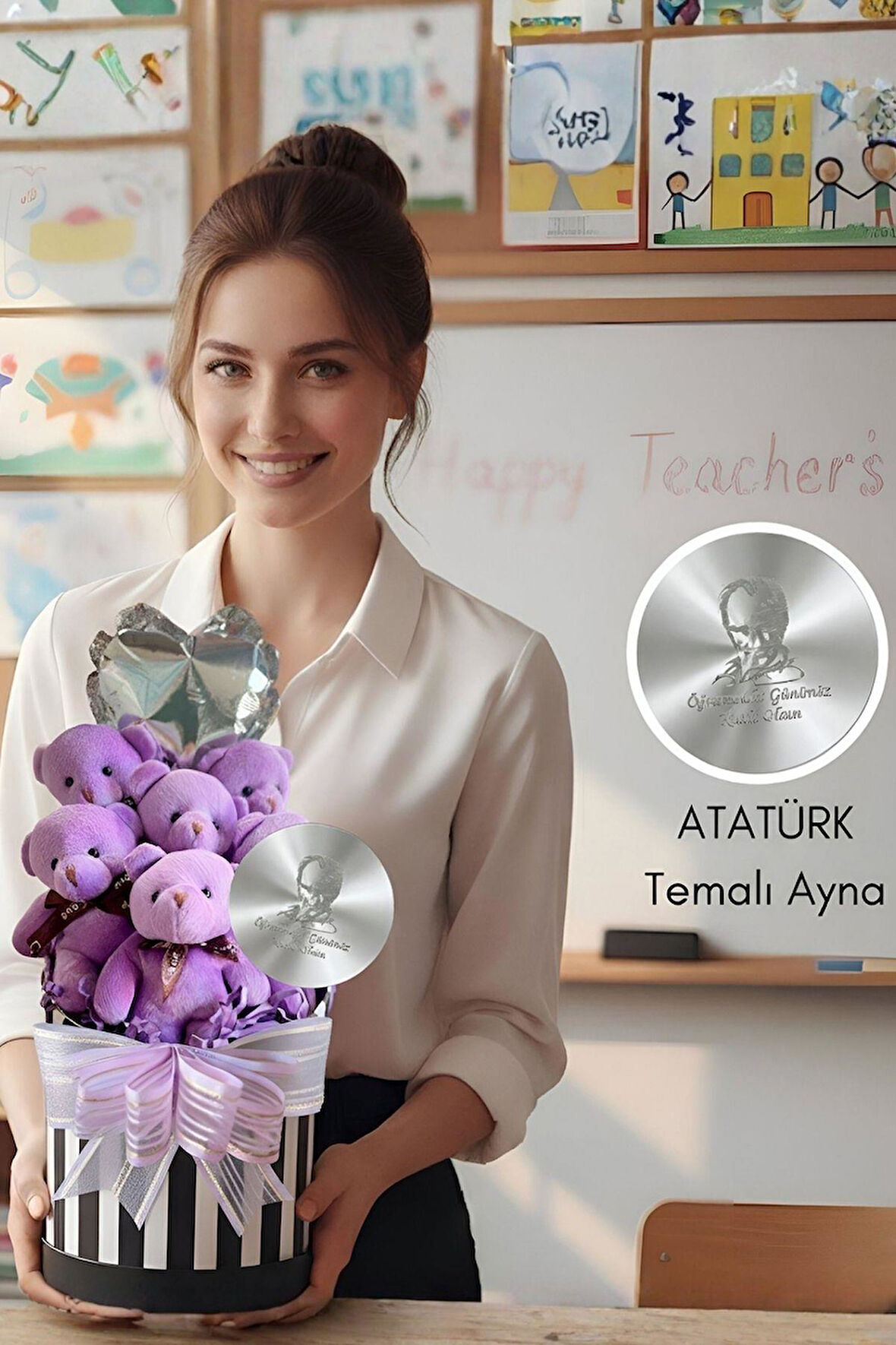 Öğretmen'e Hediye: Atatürk Temalı Aynalı Çizgili Premium Kutuda, Kalpli Balonlu 6’lı Mor Ayıcık Buketi-24 Kasım Öğretmenler Günü Hediyesi