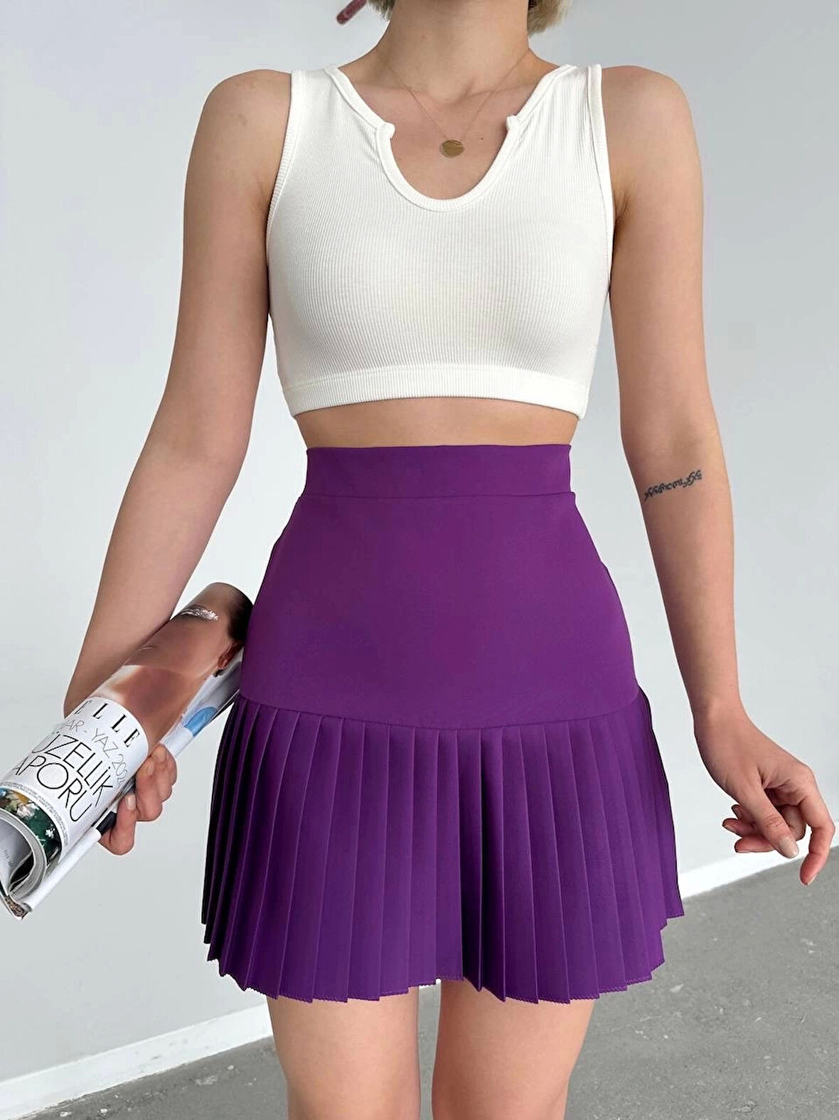 Altı pliseli mini etek Mor s24705