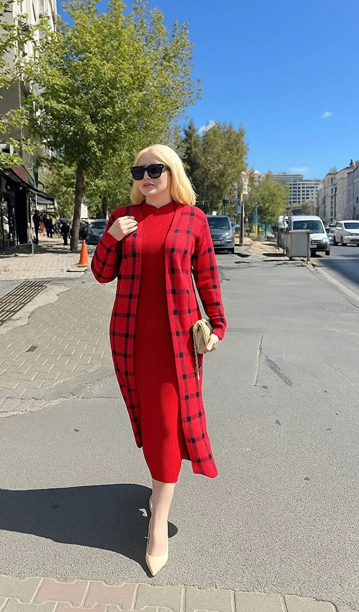 Triko Hırka elbise ikili takım kırmızı