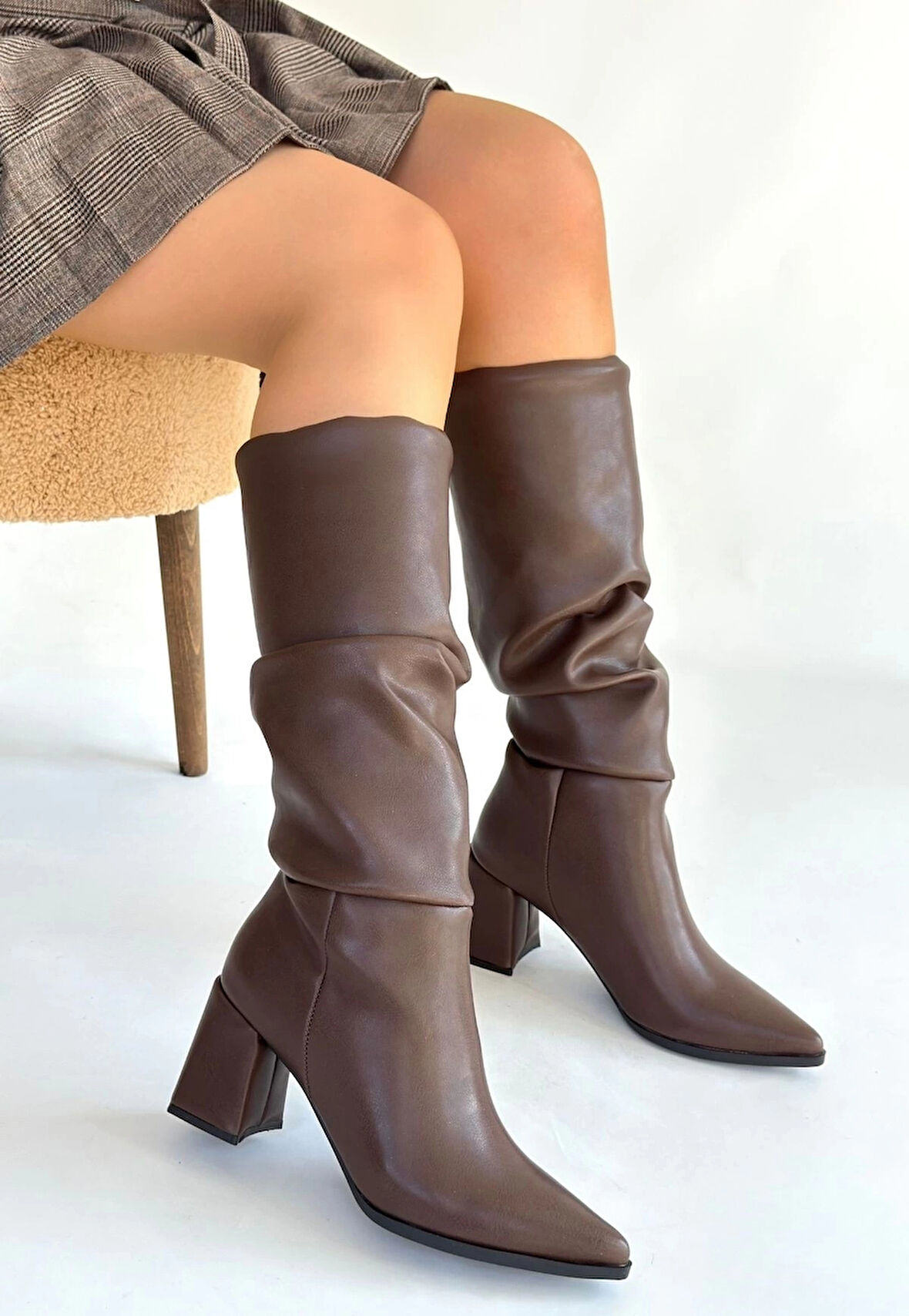 Pitay  Kahverengi Cilt Körüklü Topuklu Çizme