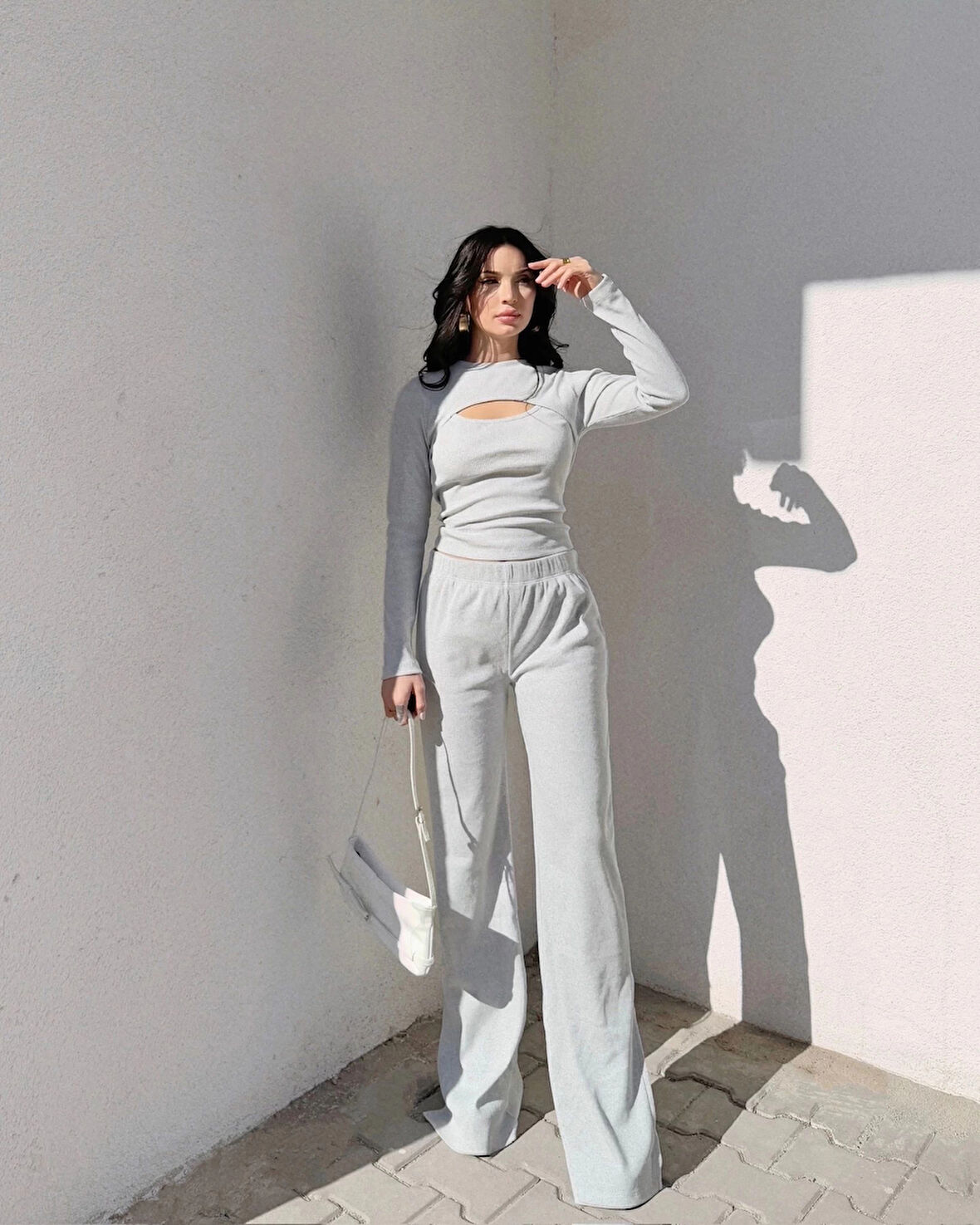 Pencereli detaylı alt üst takım gri w3864