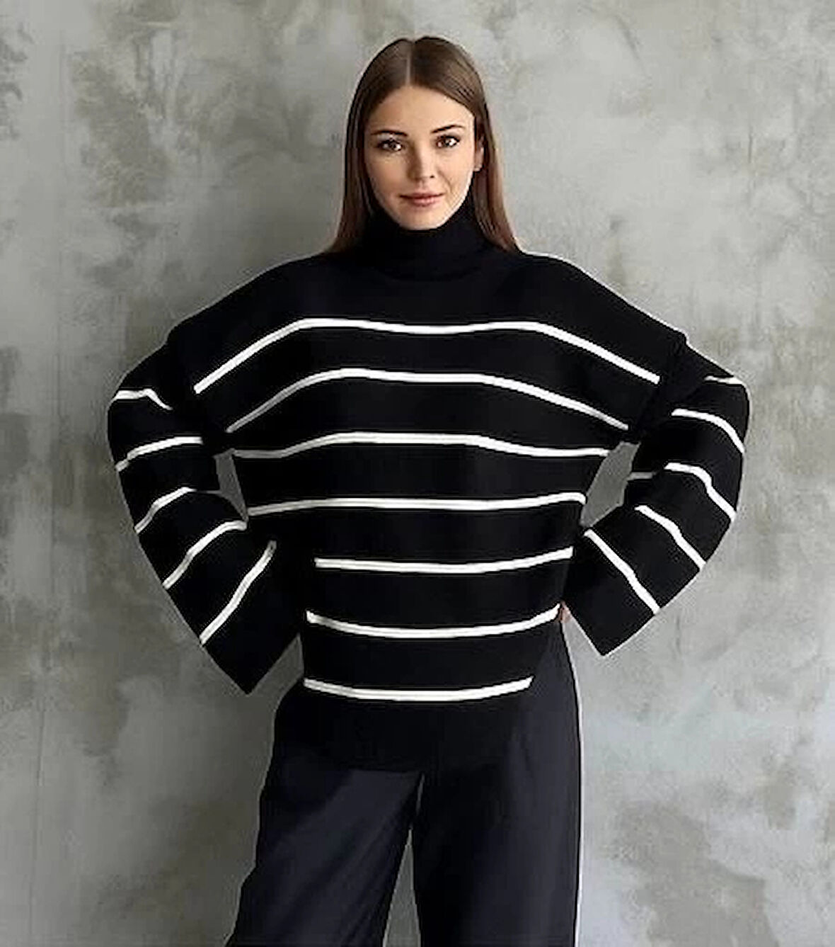 Çizgili ispanyol kol triko boğazlı kazak siyah elf