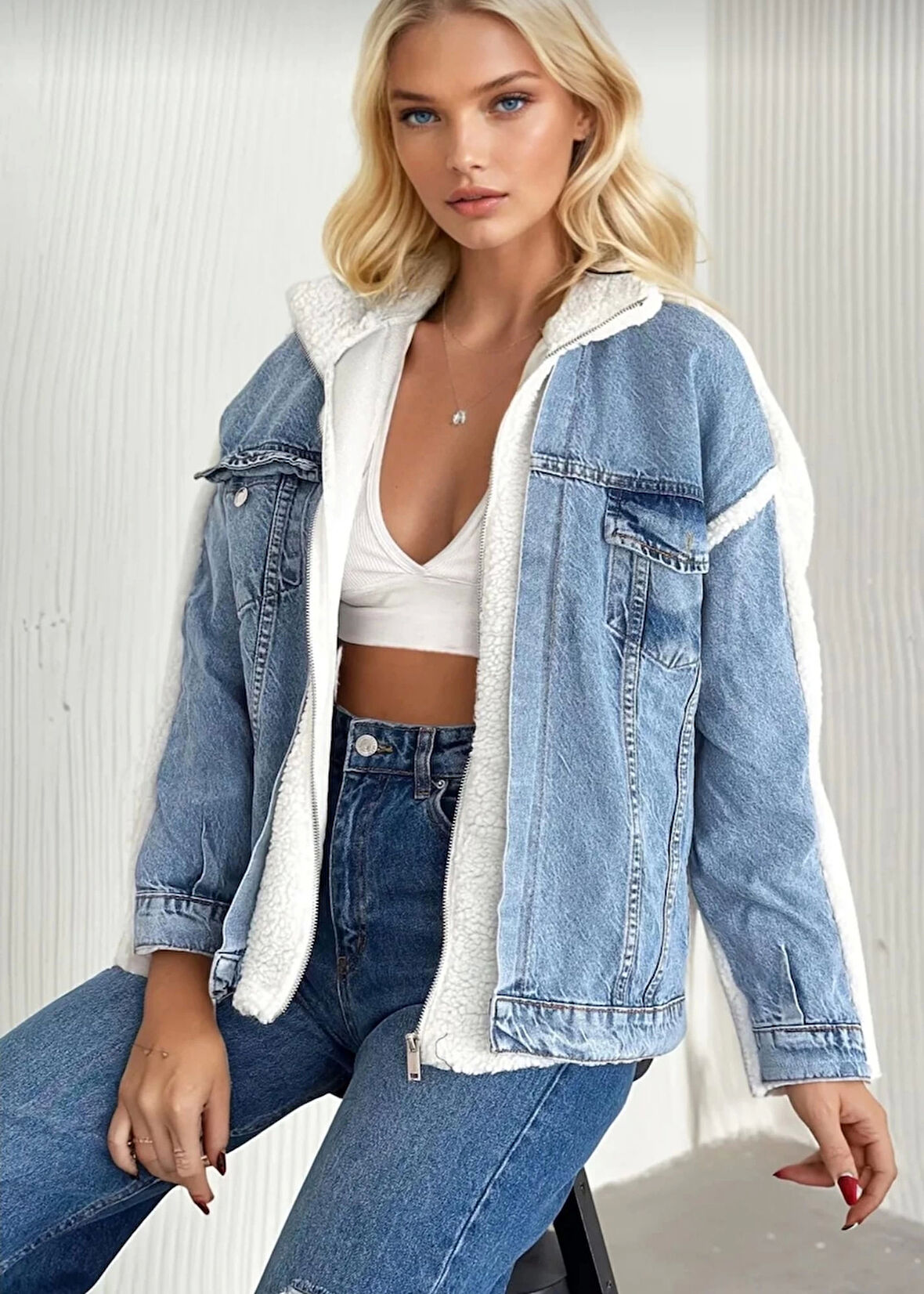 Kürklü kot ceket mavi t7009