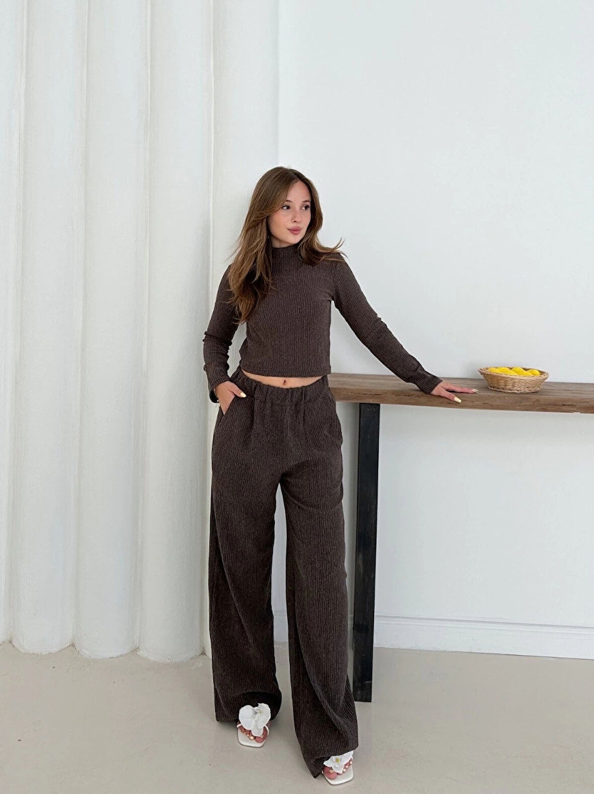 Balıkçı yaka örme takım kahve st265865