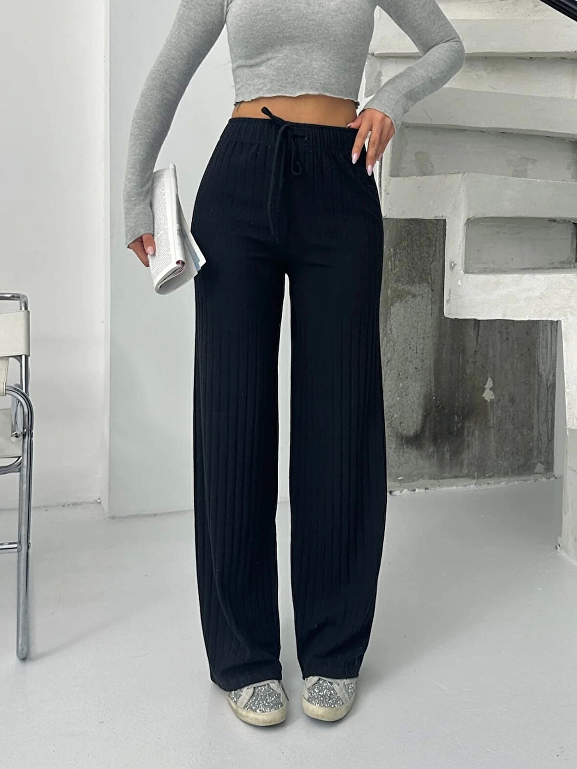 Fitilli şardonlu pantolon siyah a4058