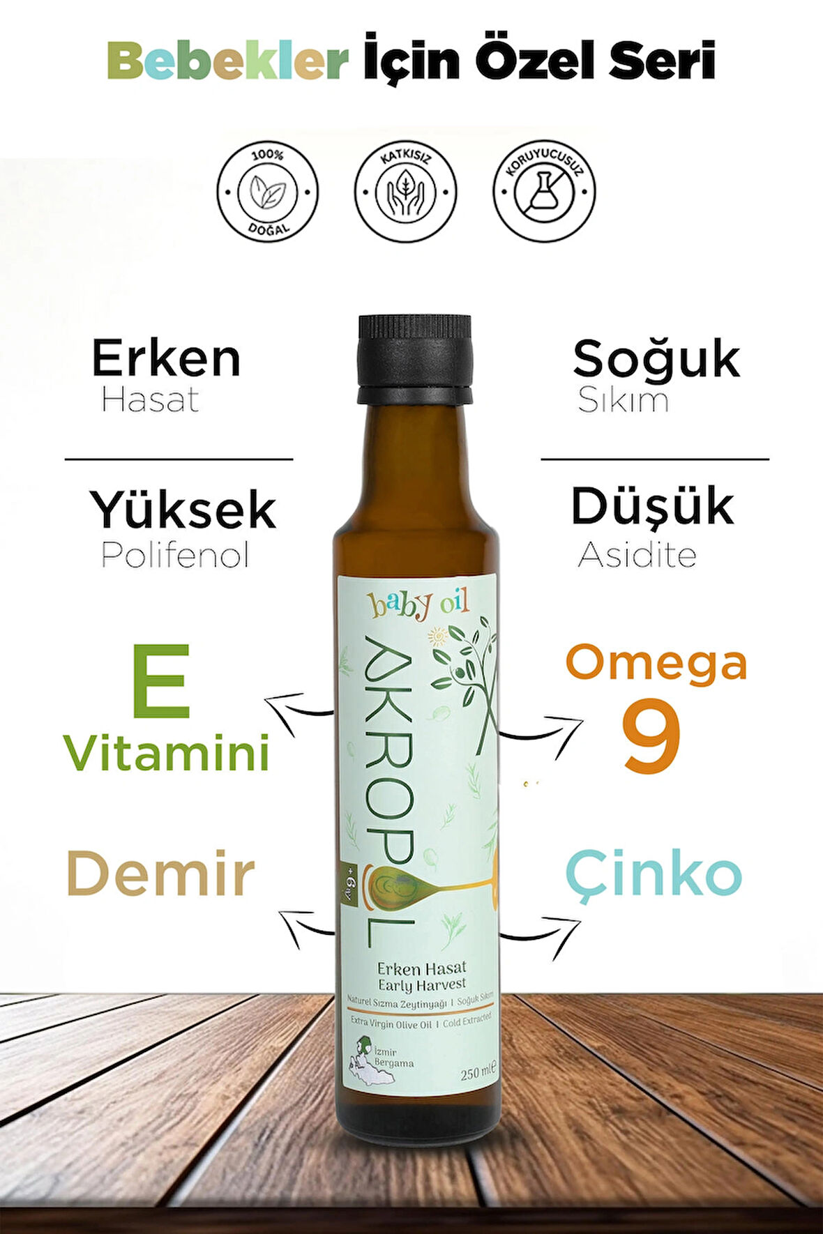 Baby Oil %100 Organik, Bebek Zeytinyağı , Polifenollü Erken Hasat Soğuk Sıkım Zeytinyağı 250 ml