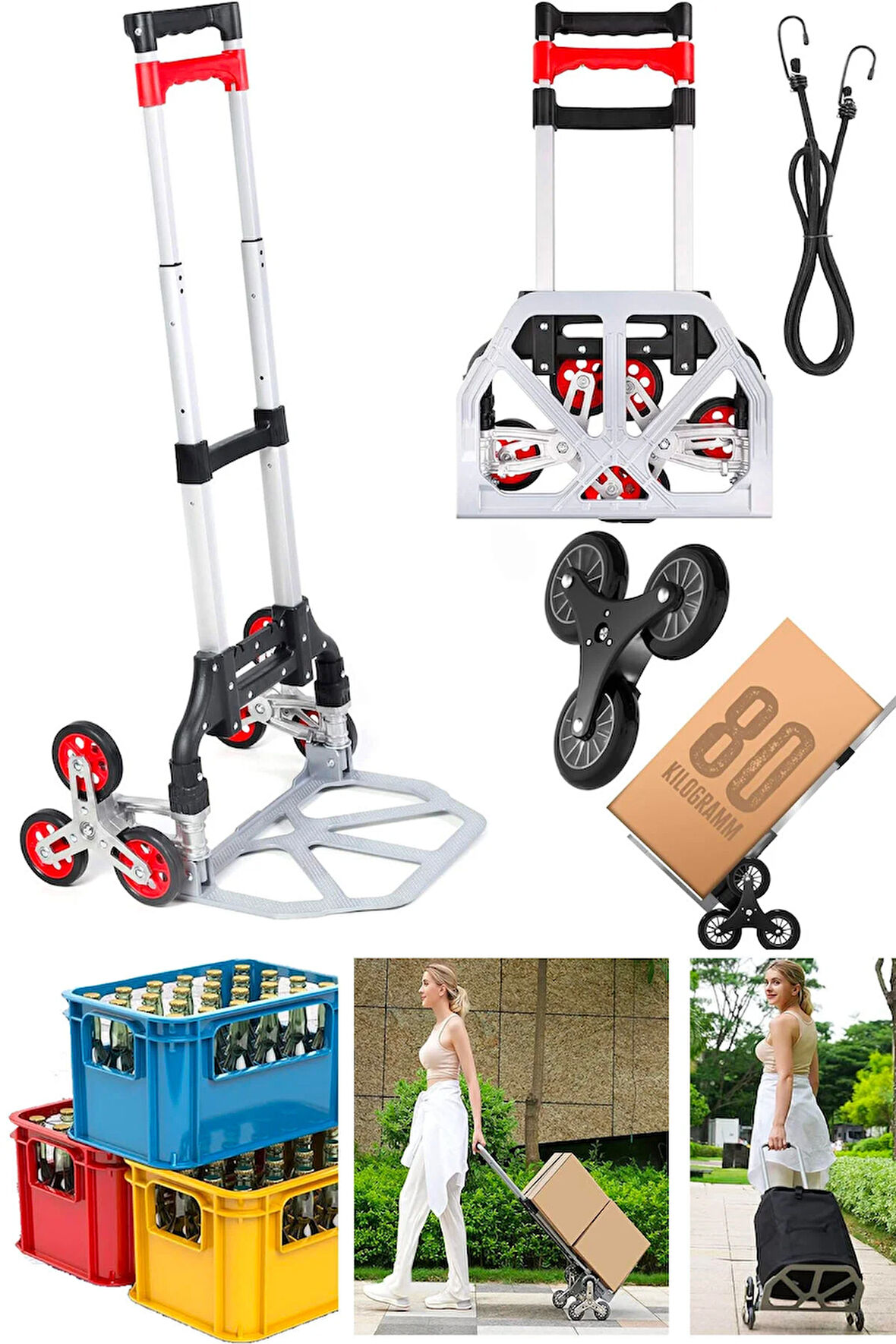 Germany Merdiven Tırmanan 80Kg Kapasiteli Koli Yük Paket Taşıma El Arabası Halat + Eldiven Hediyeli