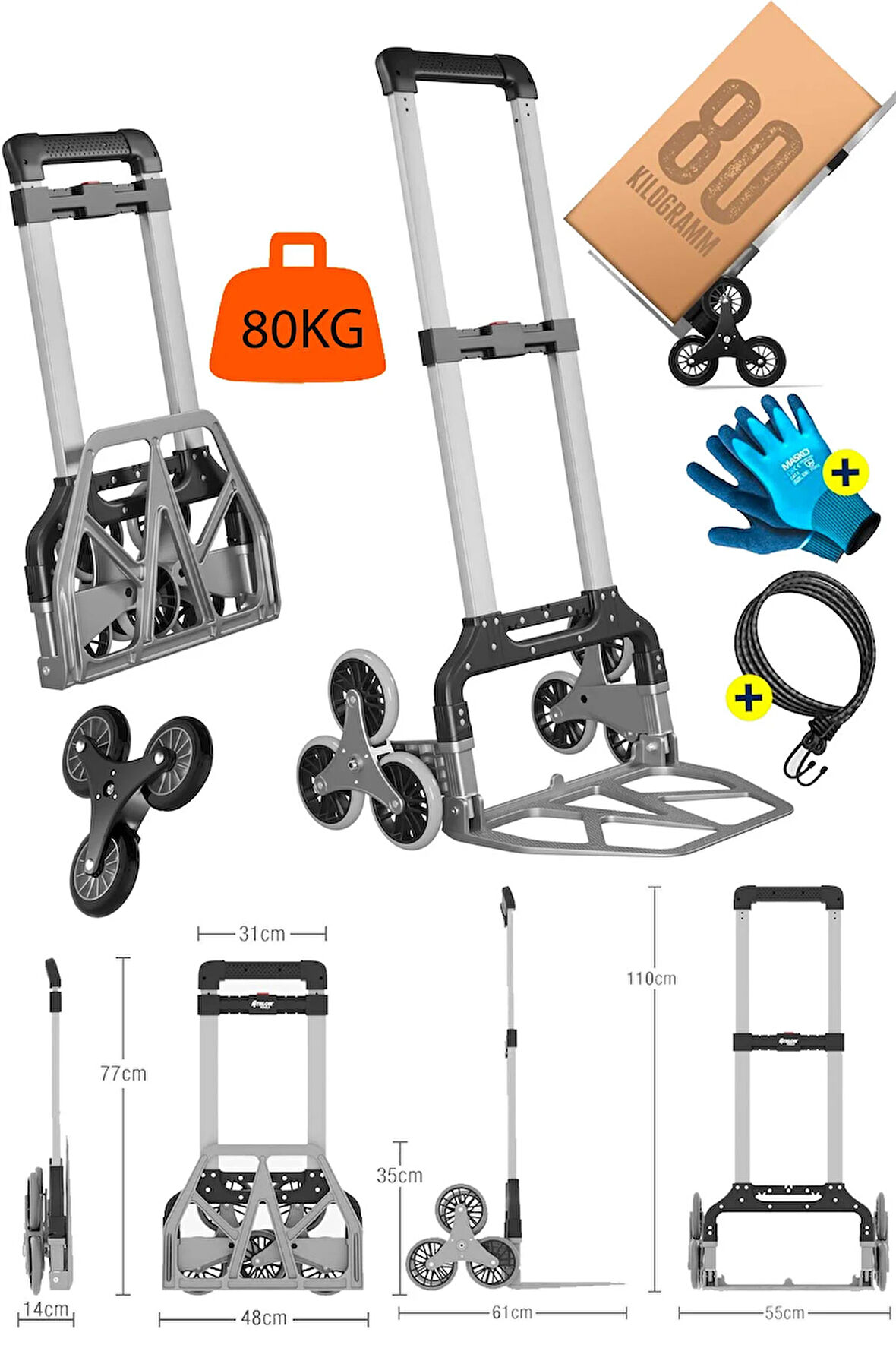 Katlanabilir Merdiven El Arabası 80 Kg Kapasiteli Yük Kapasiteli Genişletme Halatı + Eldiven Hediye